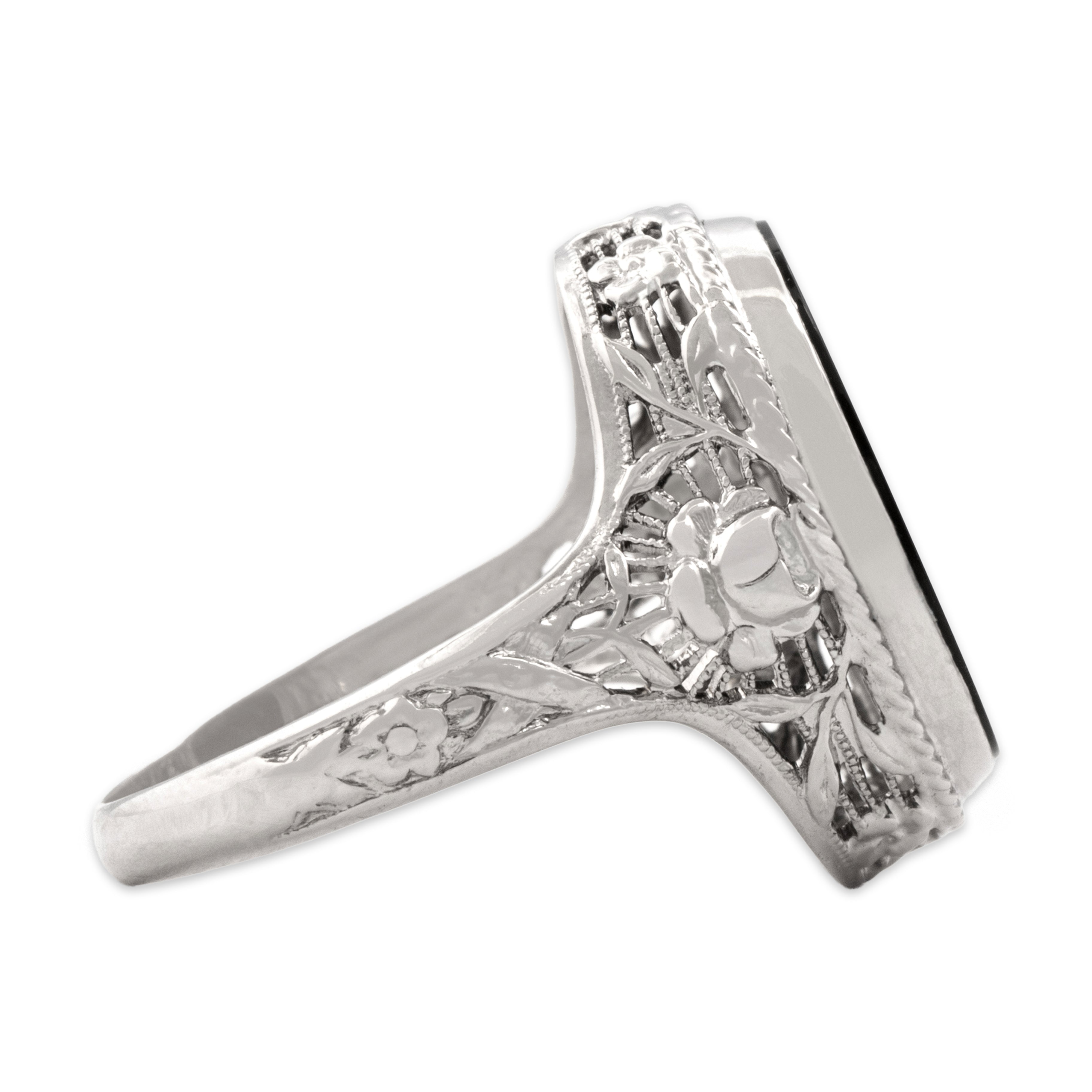 Antique 14k White Gold 2.71ct Onyx Ornate Blossom Detail Ring - Side view