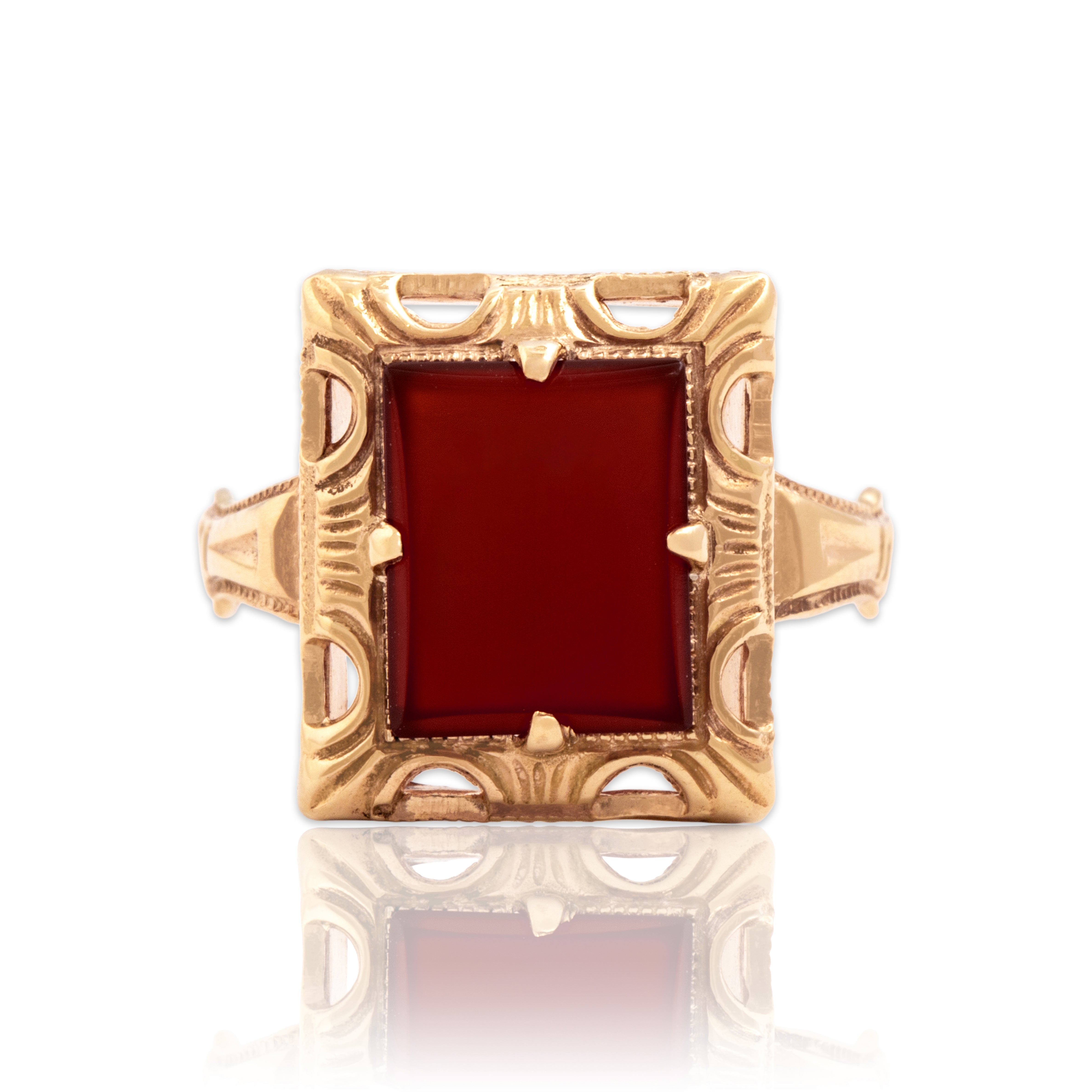 Vintage 14k Yellow Gold 1.39ct Carnelian Bold Ornate Rectangular Ring 7.00