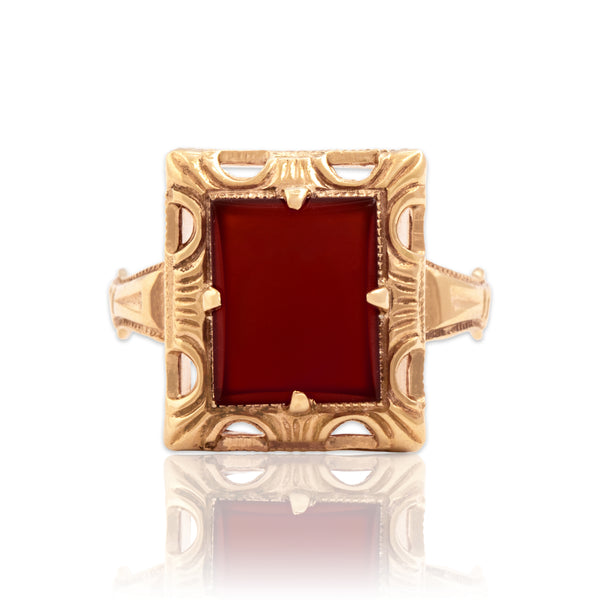 Vintage 14k Yellow Gold 1.39ct Carnelian Bold Ornate Rectangular Ring 7.00