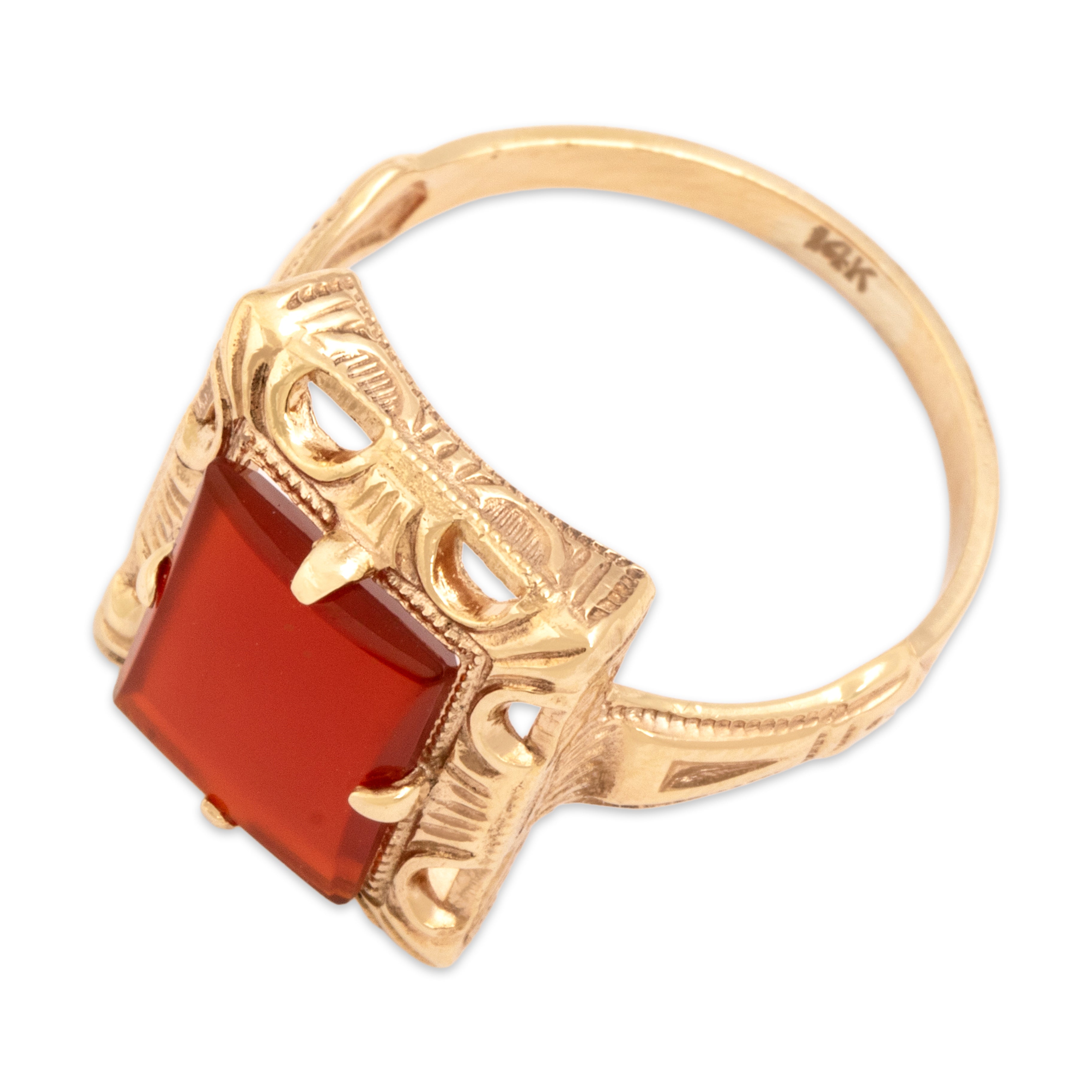 Vintage 14k Yellow Gold 1.39ct Carnelian Bold Ornate Rectangular Ring - Overall view