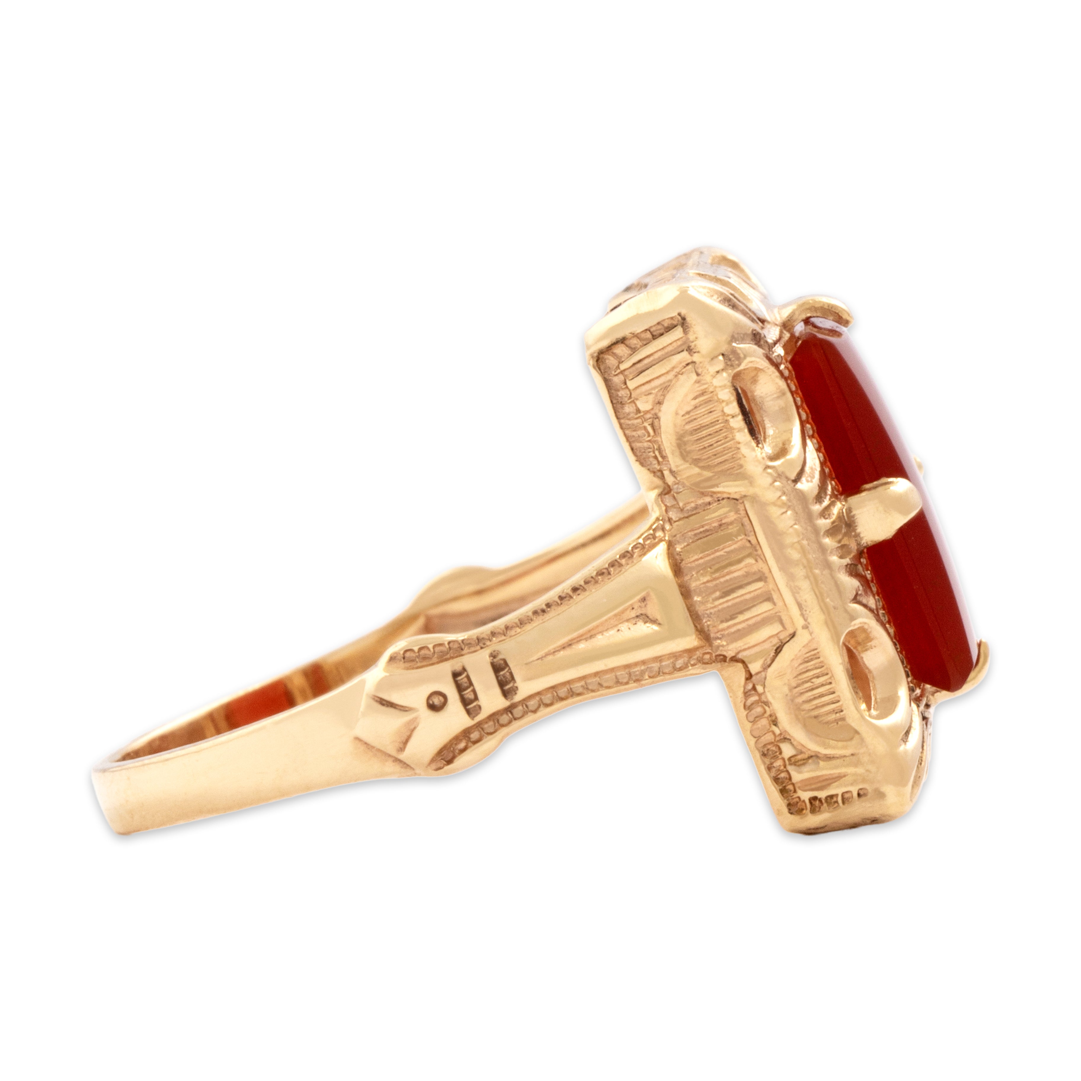 Vintage 14k Yellow Gold 1.39ct Carnelian Bold Ornate Rectangular Ring - Side view