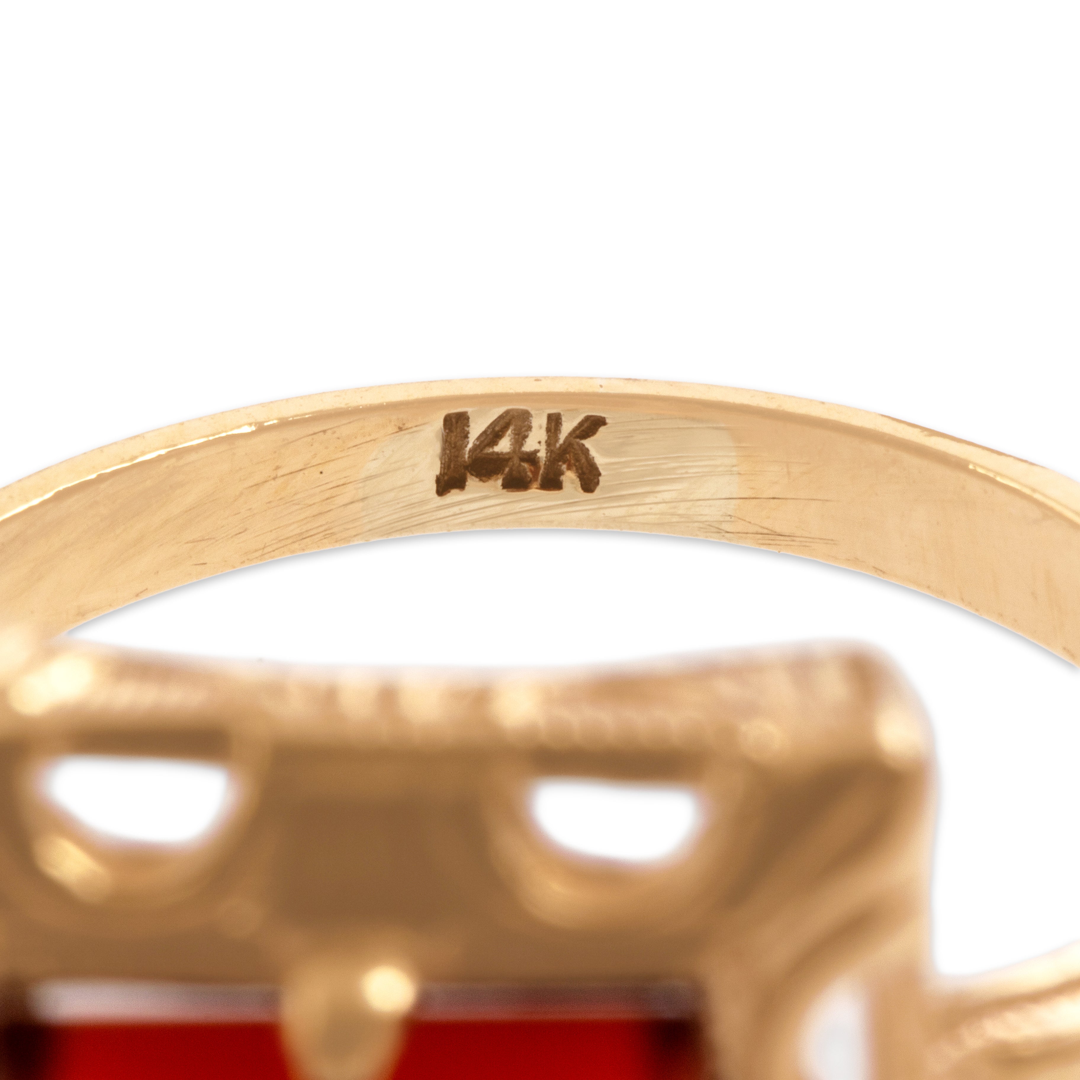 Vintage 14k Yellow Gold 1.39ct Carnelian Bold Ornate Rectangular Ring - Hallmark view