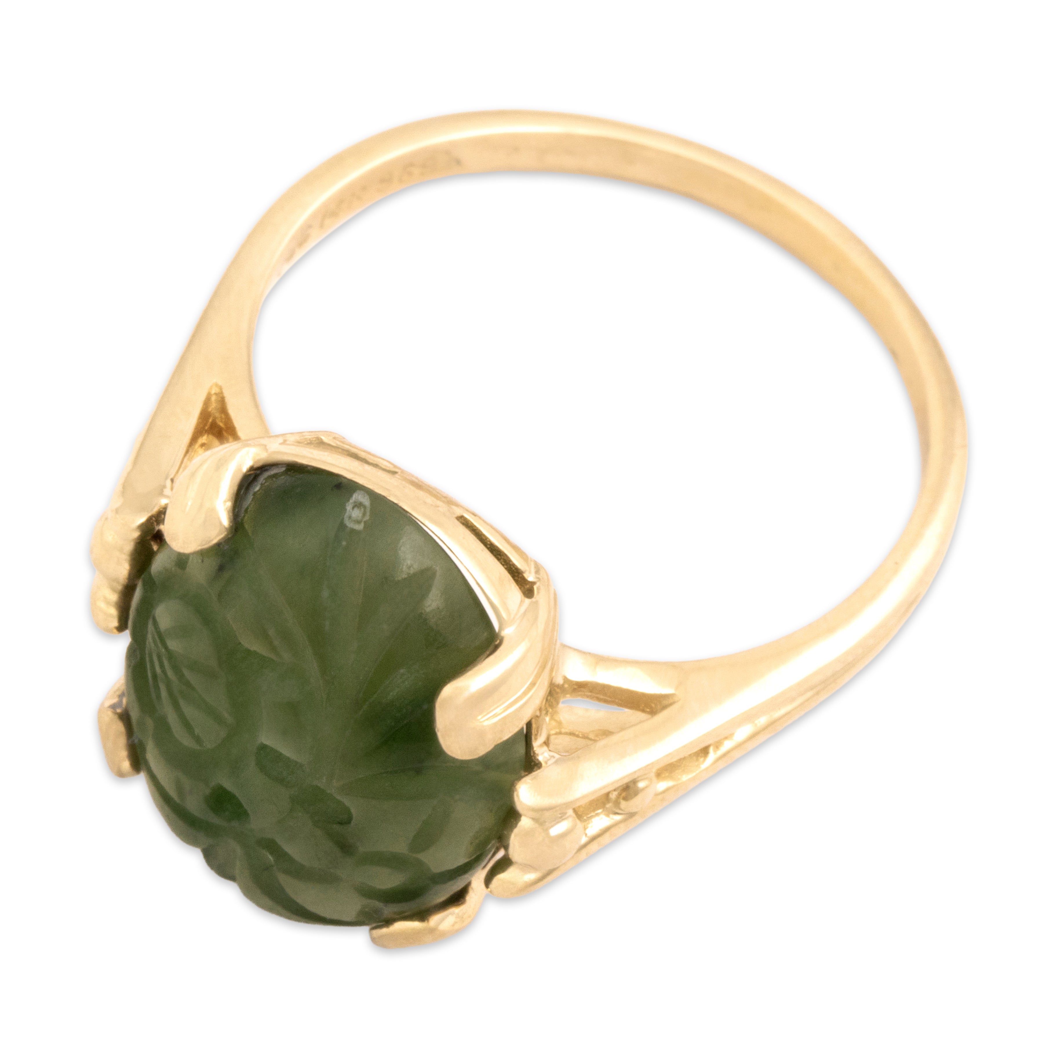 Vintage 14k Yellow Gold 6.16ct Jade Lovely Open Carved Cabochon Ring - Overall view