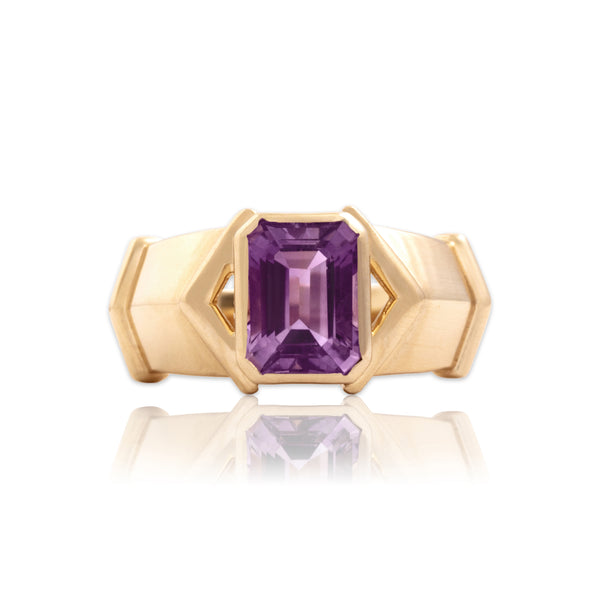 Vintage 14k Yellow Gold 1.54ct Amethyst Dynamic Wide Band Solitaire Ring 6.25