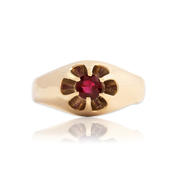 Vintage Heavy 14k Yellow Gold Ruby Scarlet Belcher-Set Ring 9.25