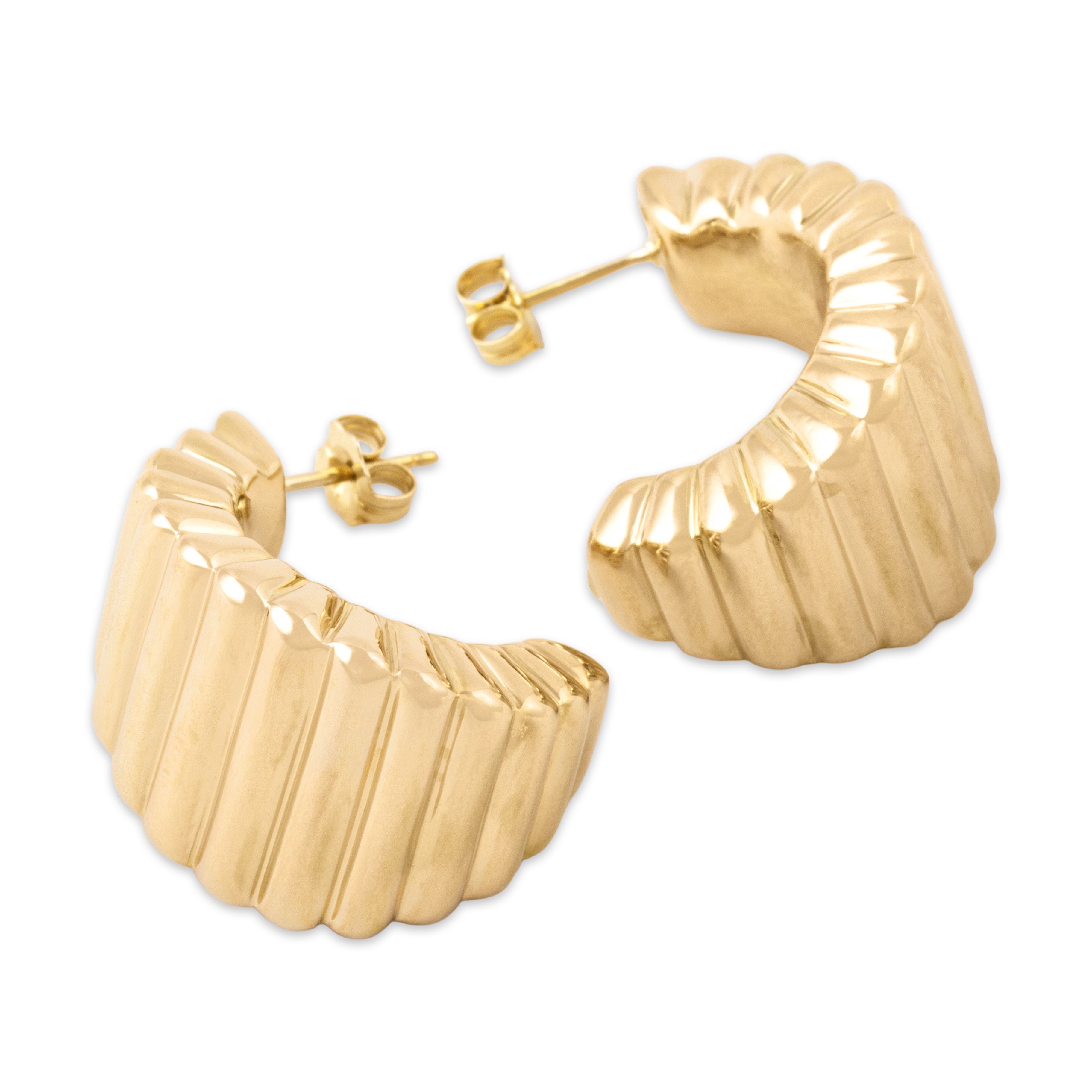 Vintage Lightweight 14k Yellow Gold Curved Puffy Ribbed Statement Stud Earrings