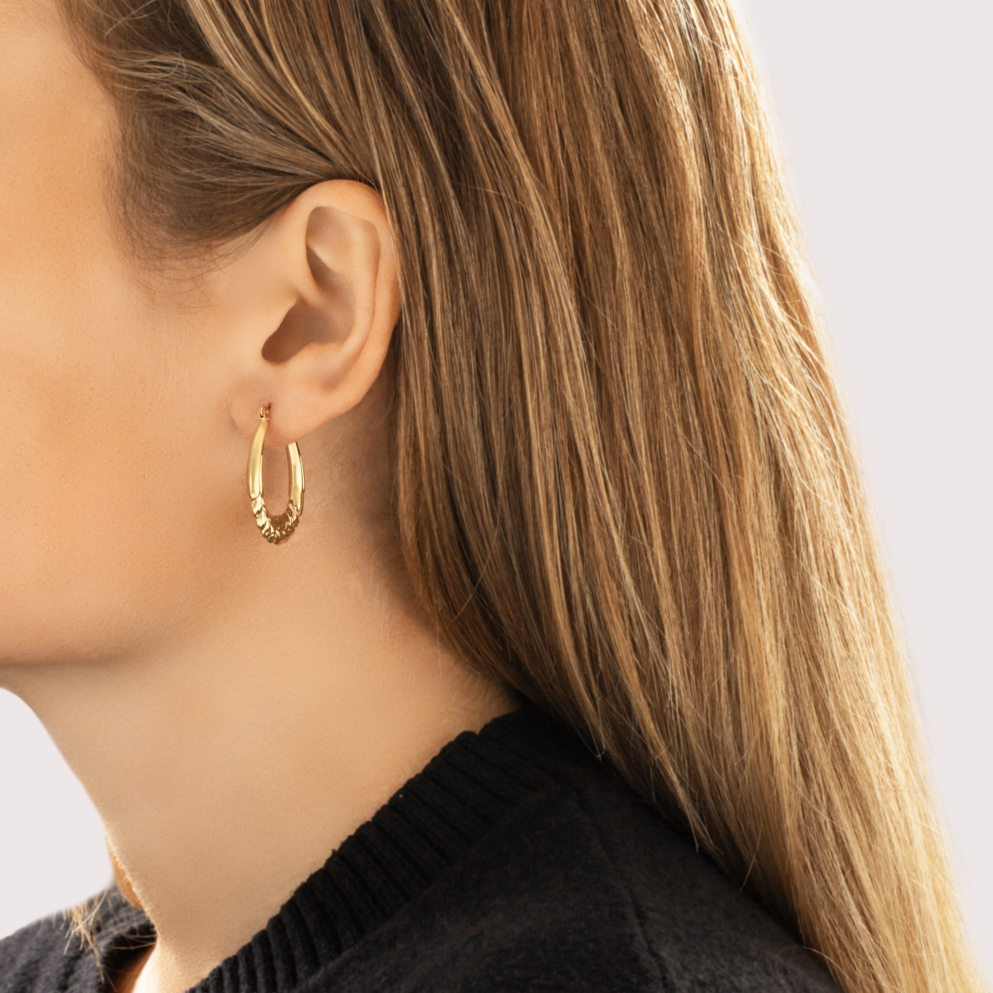 Vintage 14k Yellow Gold Brushed Textured Laurel Leaf Hoop Earrings - On model view