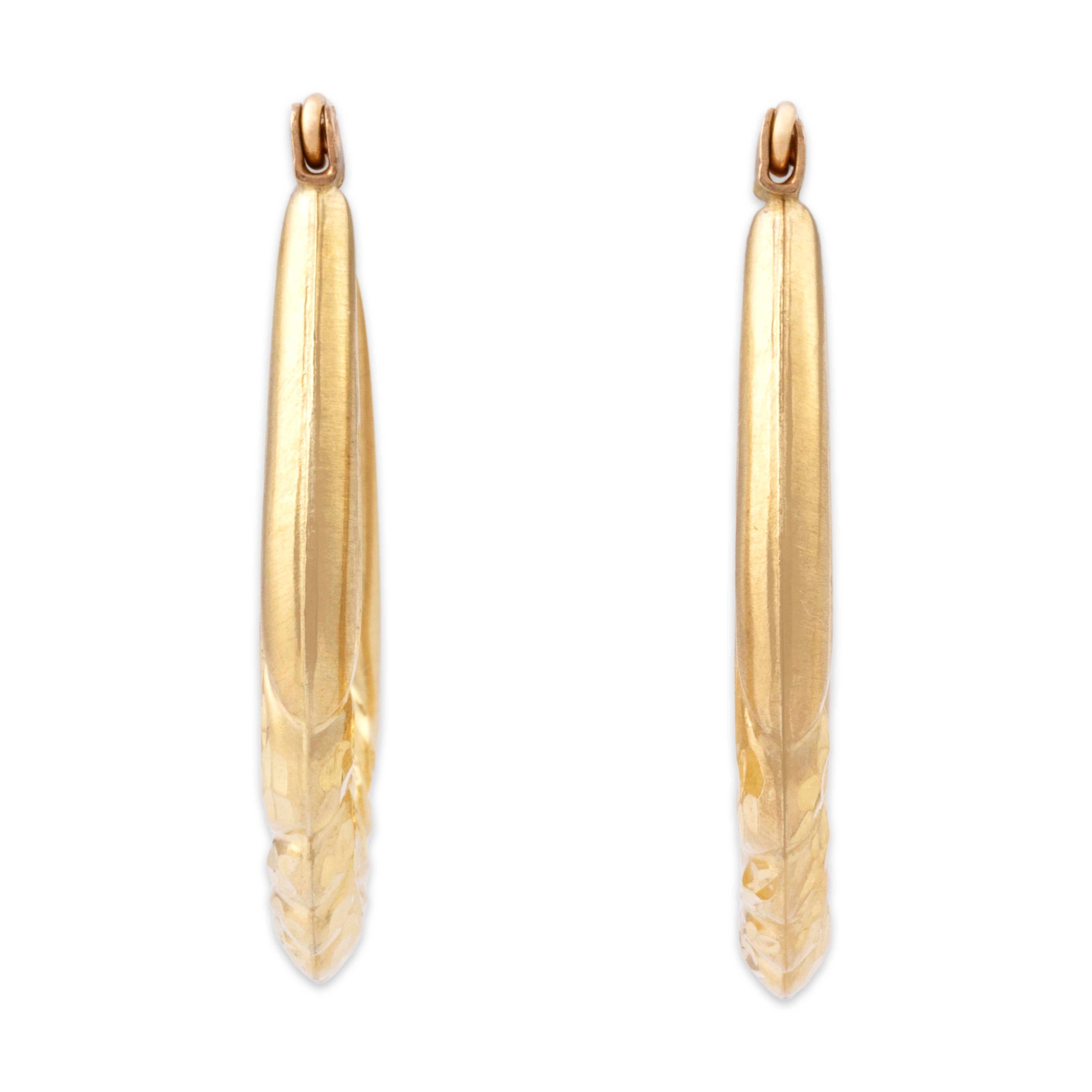 Vintage 14k Yellow Gold Brushed Textured Laurel Leaf Hoop Earrings