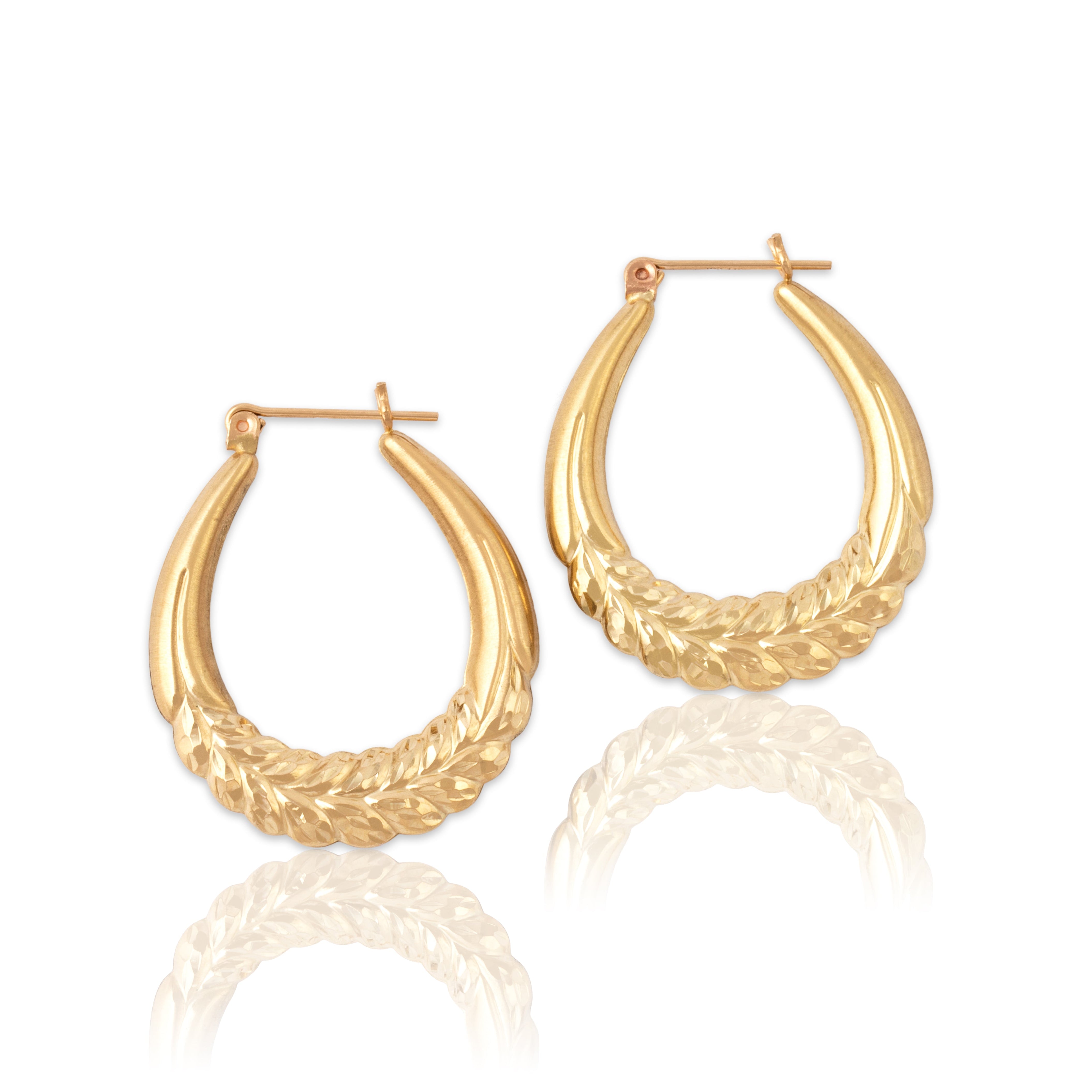 Vintage 14k Yellow Gold Brushed Textured Laurel Leaf Hoop Earrings