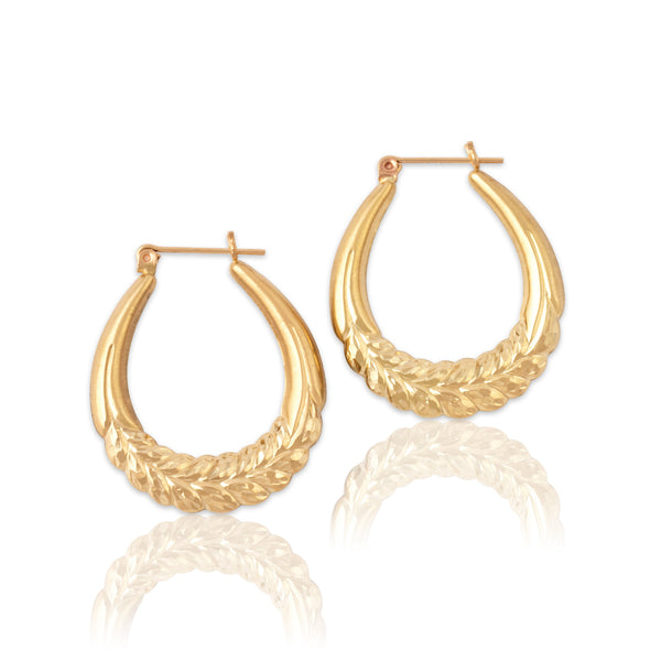 Vintage 14k Yellow Gold Brushed Textured Laurel Leaf Hoop Earrings