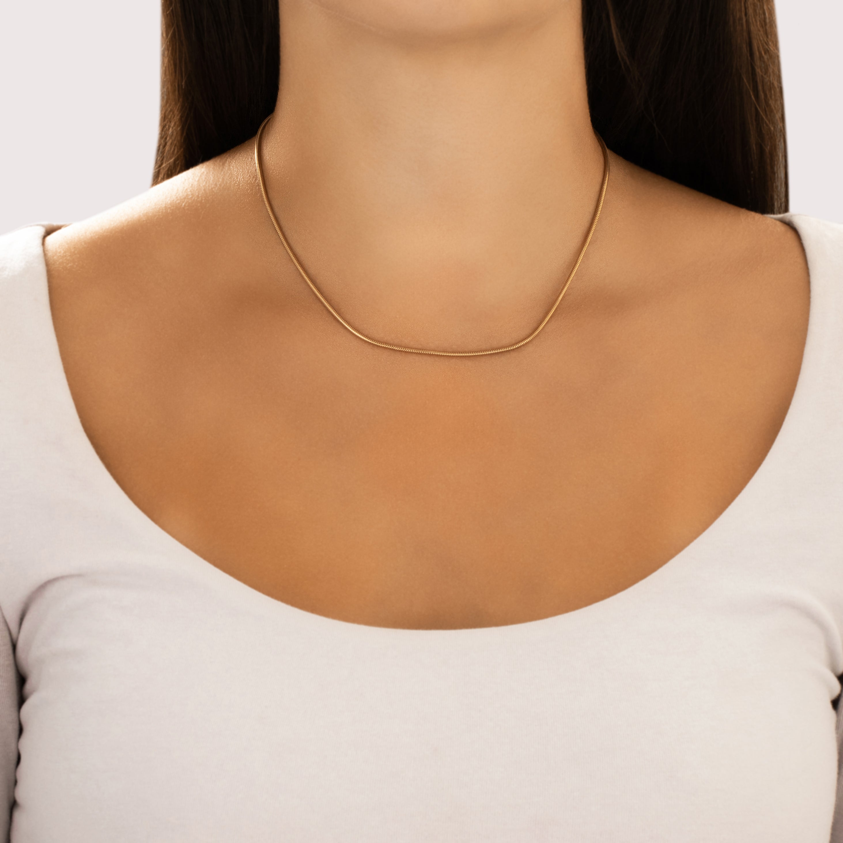 Vintage 14k Yellow Gold 1.7mm Tubular Snake Chain - On model view