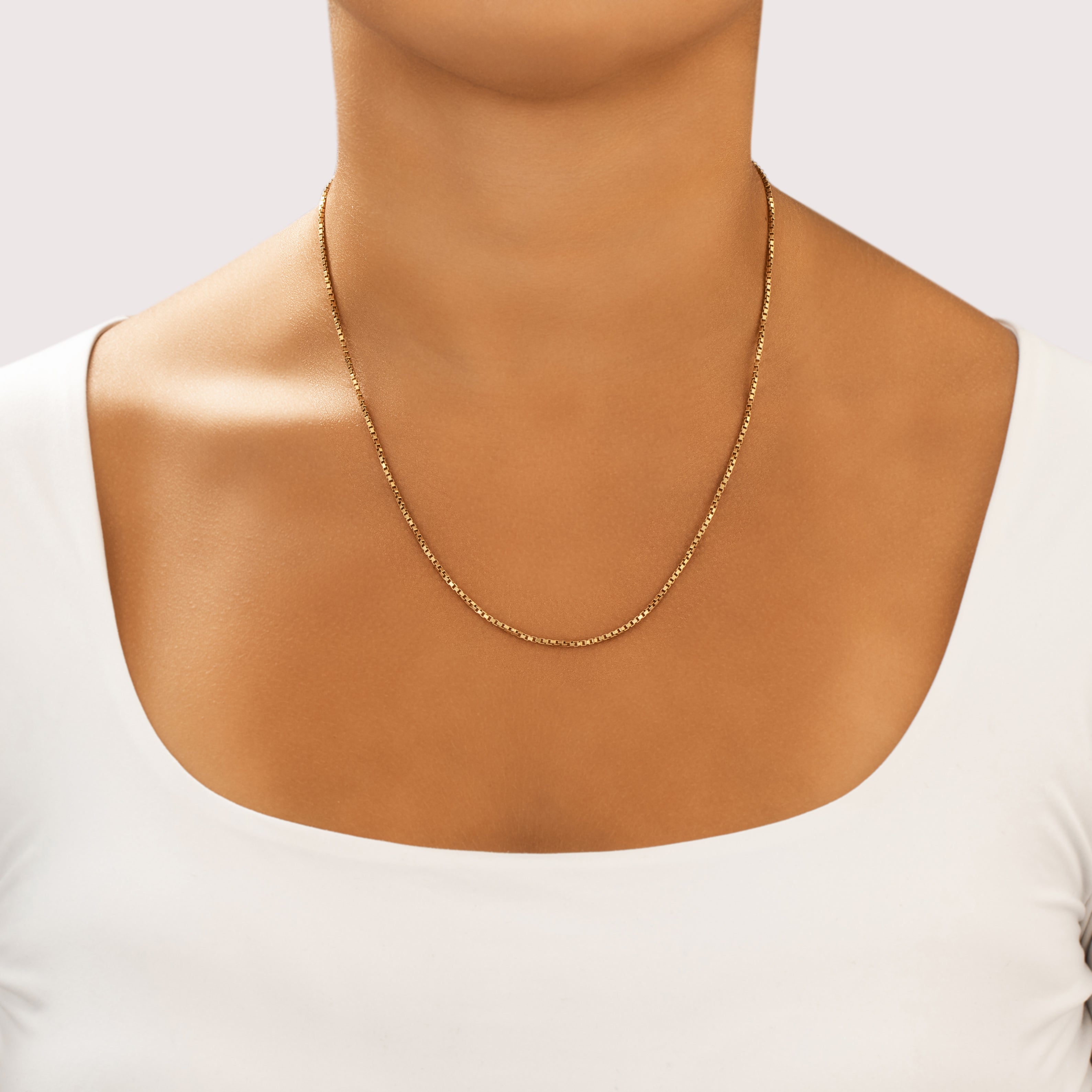 Vintage 14k Yellow Gold 1.5mm Sleek Square Box Chain - On model view