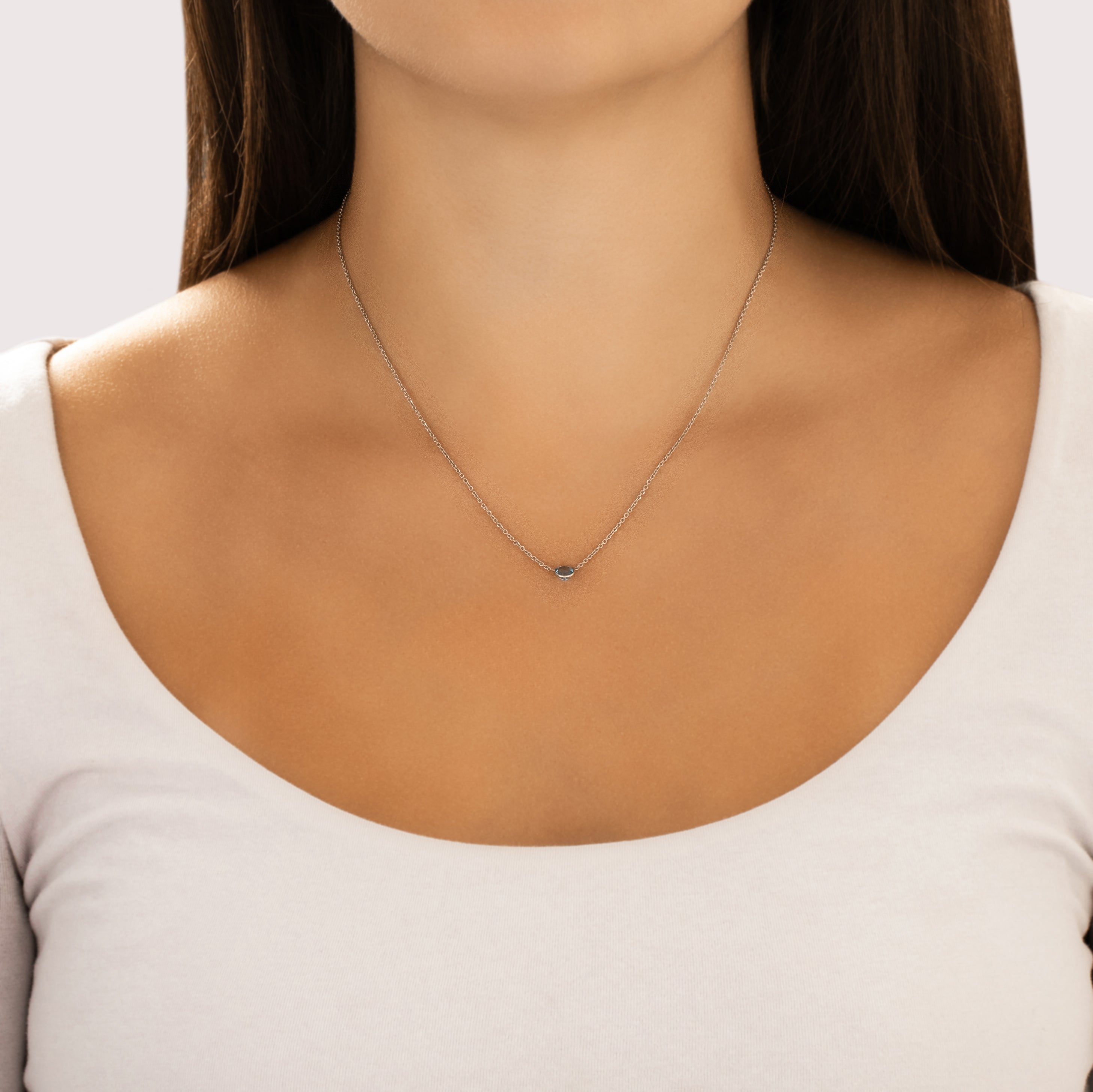 Vintage 14k White Gold Blue Topaz Chic Bezel Solitaire Necklace - On model view