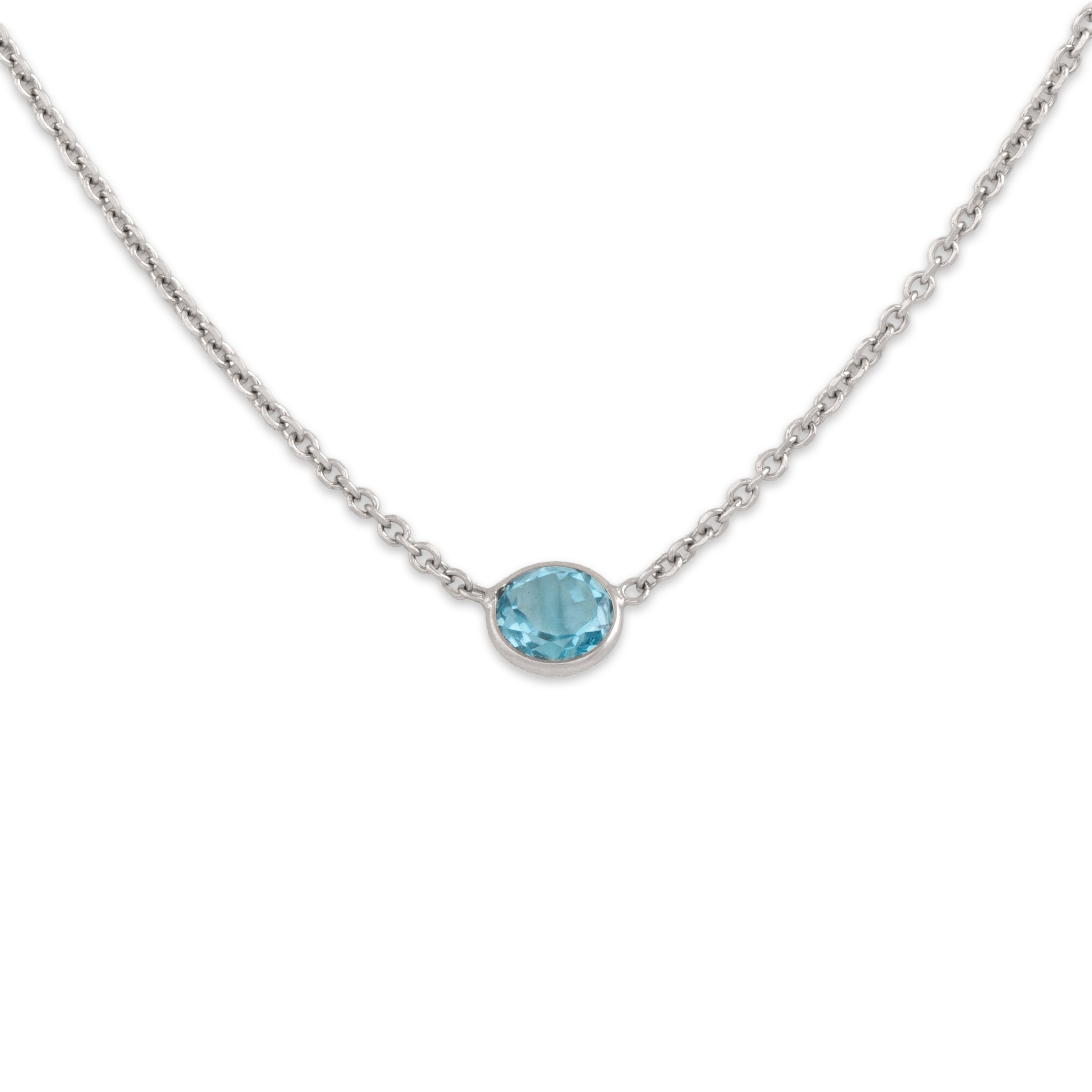 Vintage 14k White Gold Blue Topaz Chic Bezel Solitaire Necklace - detail view #3