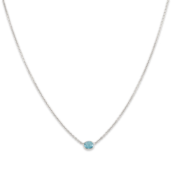 Vintage 14k White Gold Blue Topaz Chic Bezel Solitaire Necklace 16.5