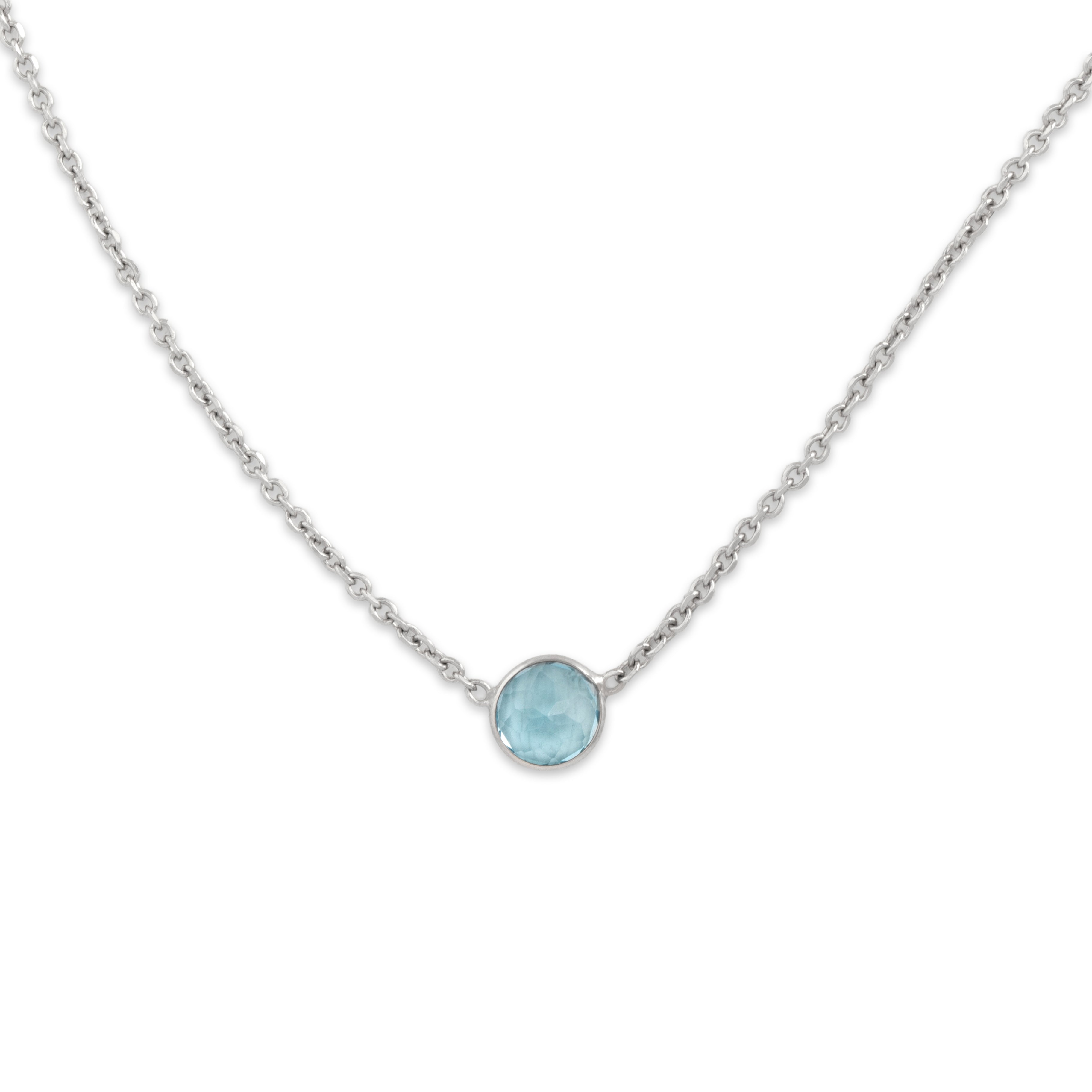 Vintage 14k White Gold Blue Topaz Chic Bezel Solitaire Necklace - Close-up view