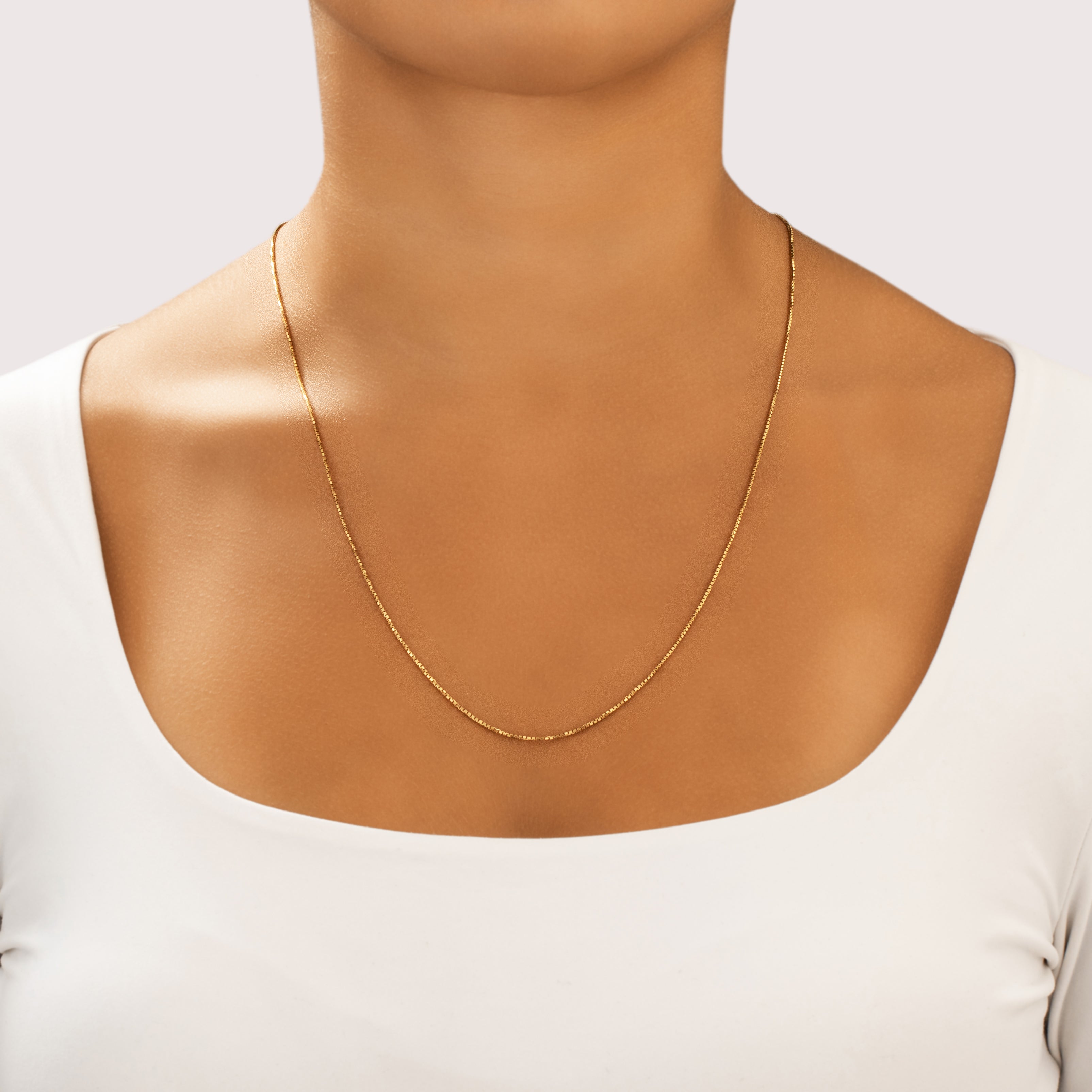 Vintage Italian 14k Yellow Gold 1.2mm Long Faceted Box Chain - On model view