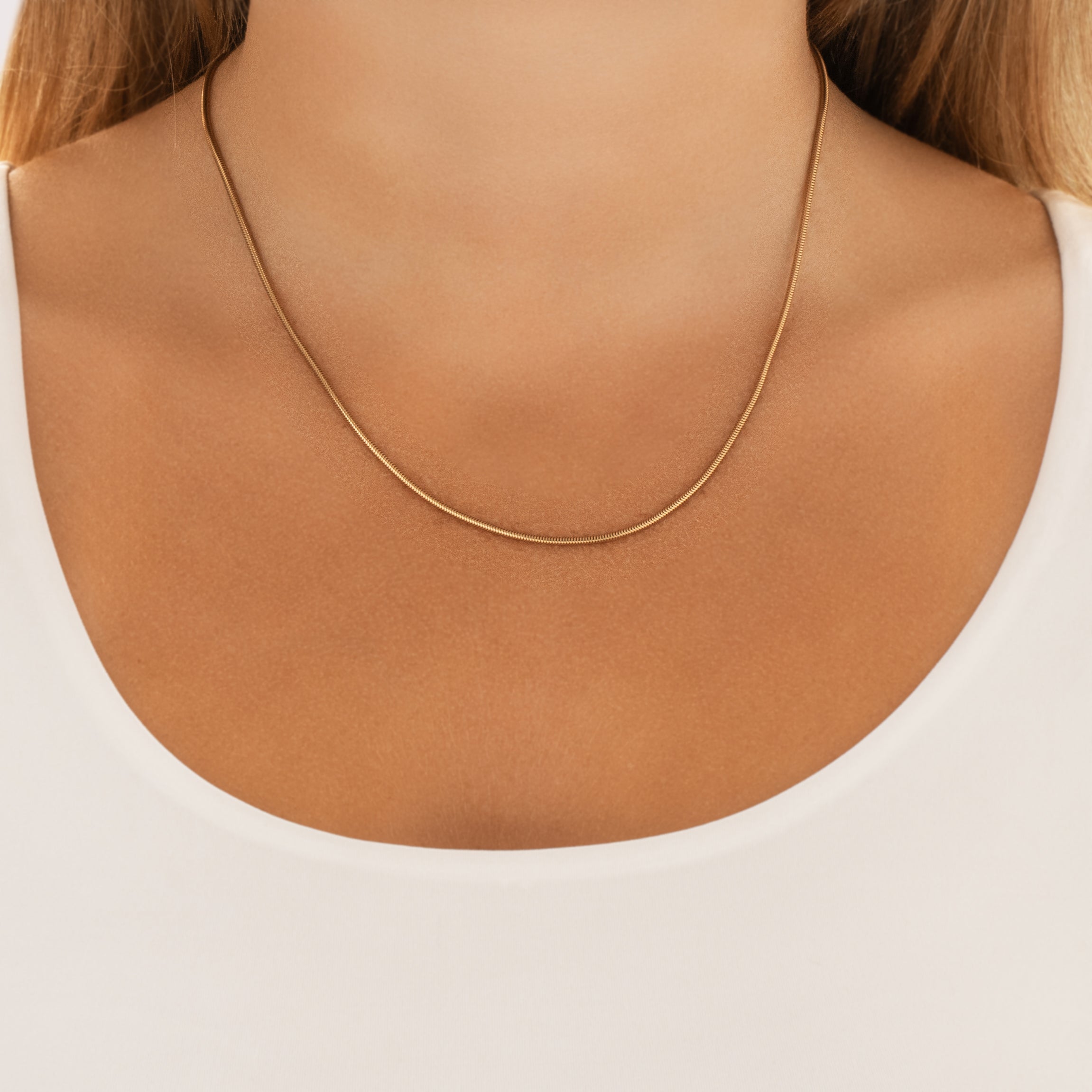 Estate German 14k Yellow Gold 1.6mm Sleek Tubular Snake Chain - On model view