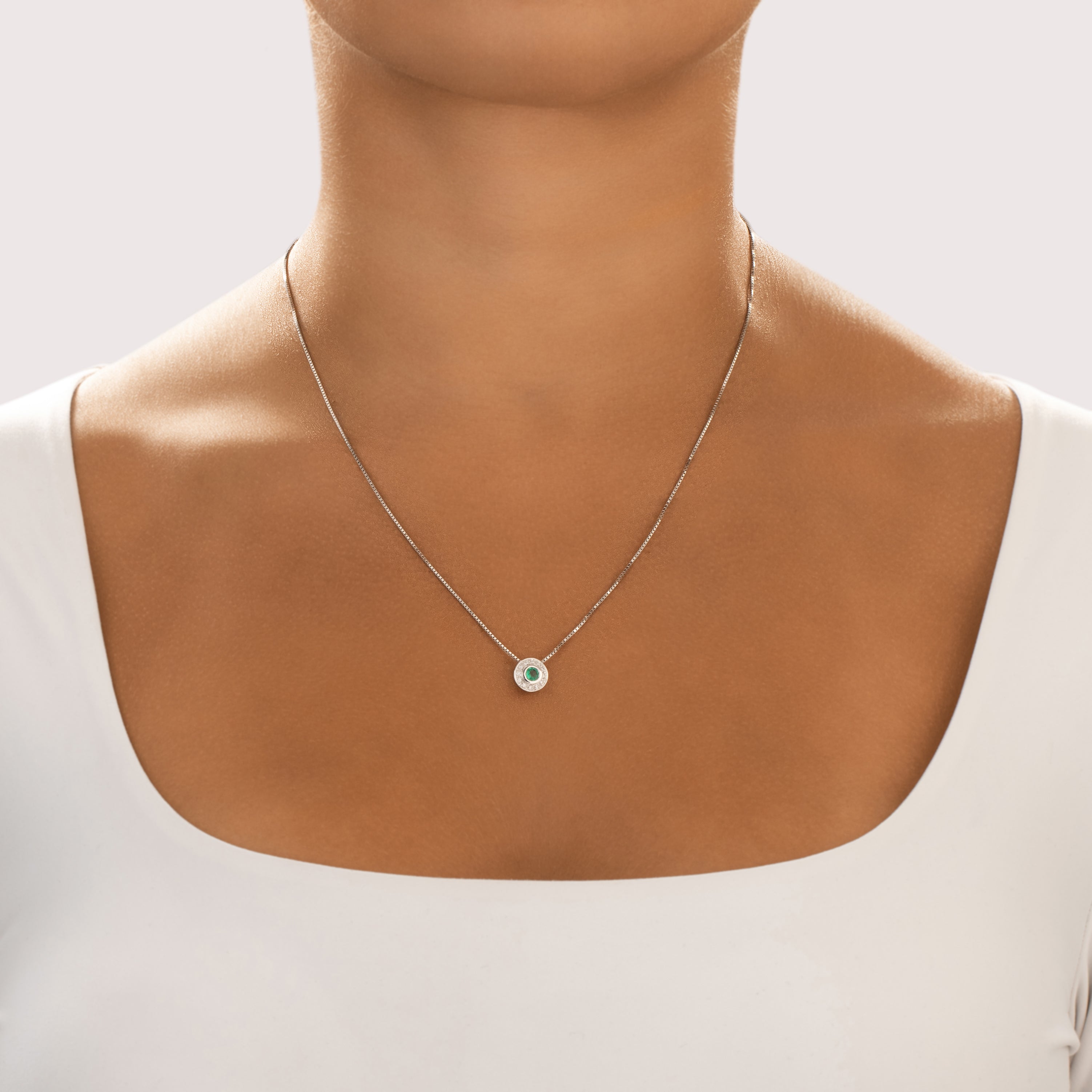Estate 14k White Gold Emerald Diamond Sophisticated Bezel Halo Slide Necklace - On model view