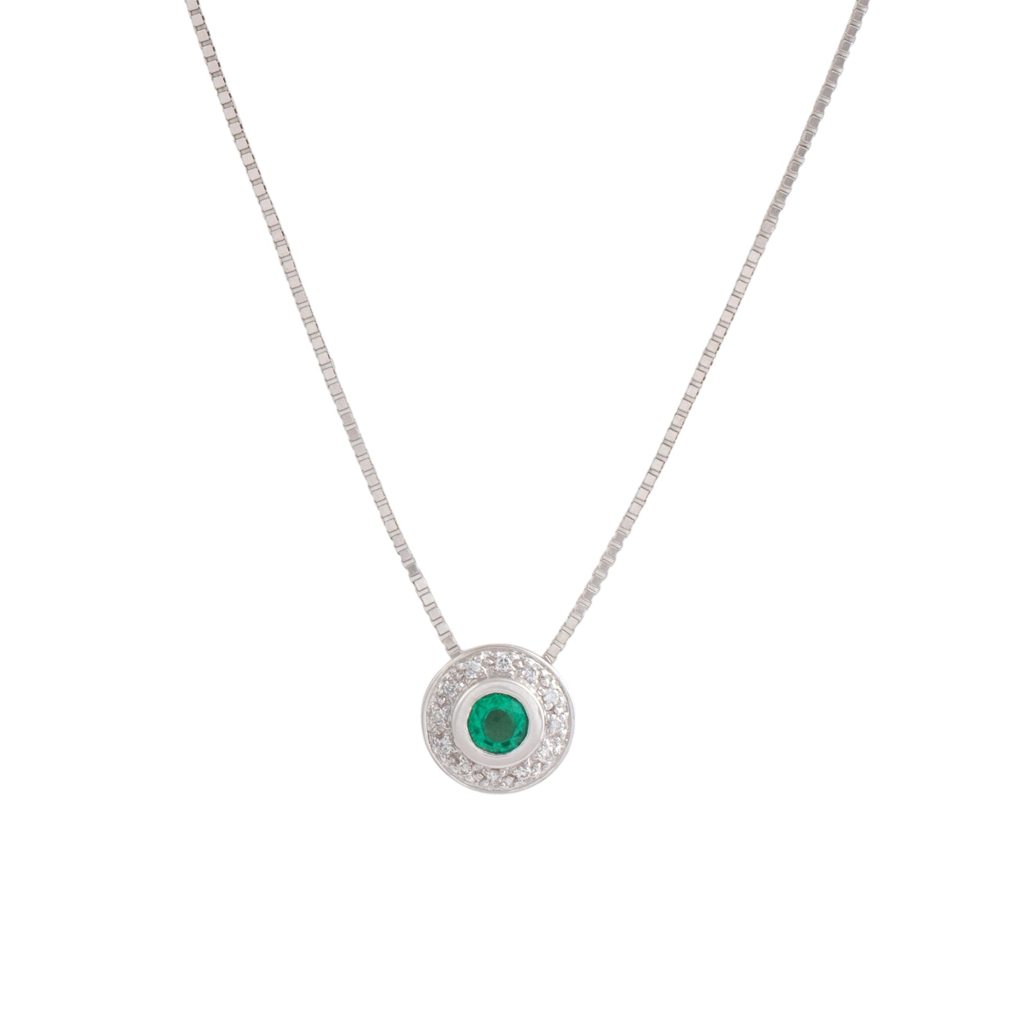 Estate 14k White Gold Emerald Diamond Sophisticated Bezel Halo Slide Necklace 18