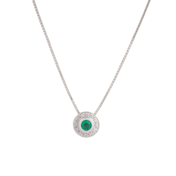 Estate 14k White Gold Emerald Diamond Sophisticated Bezel Halo Slide Necklace 18