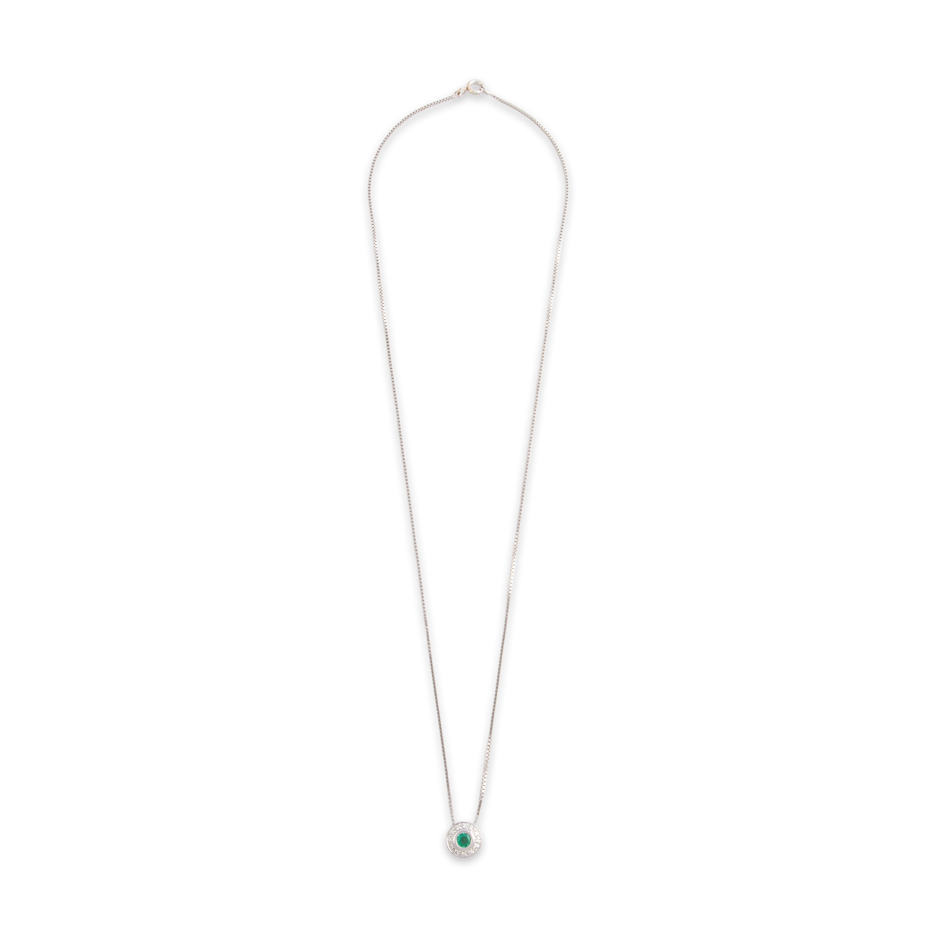Estate 14k White Gold Emerald Diamond Sophisticated Bezel Halo Slide Necklace - Overall view