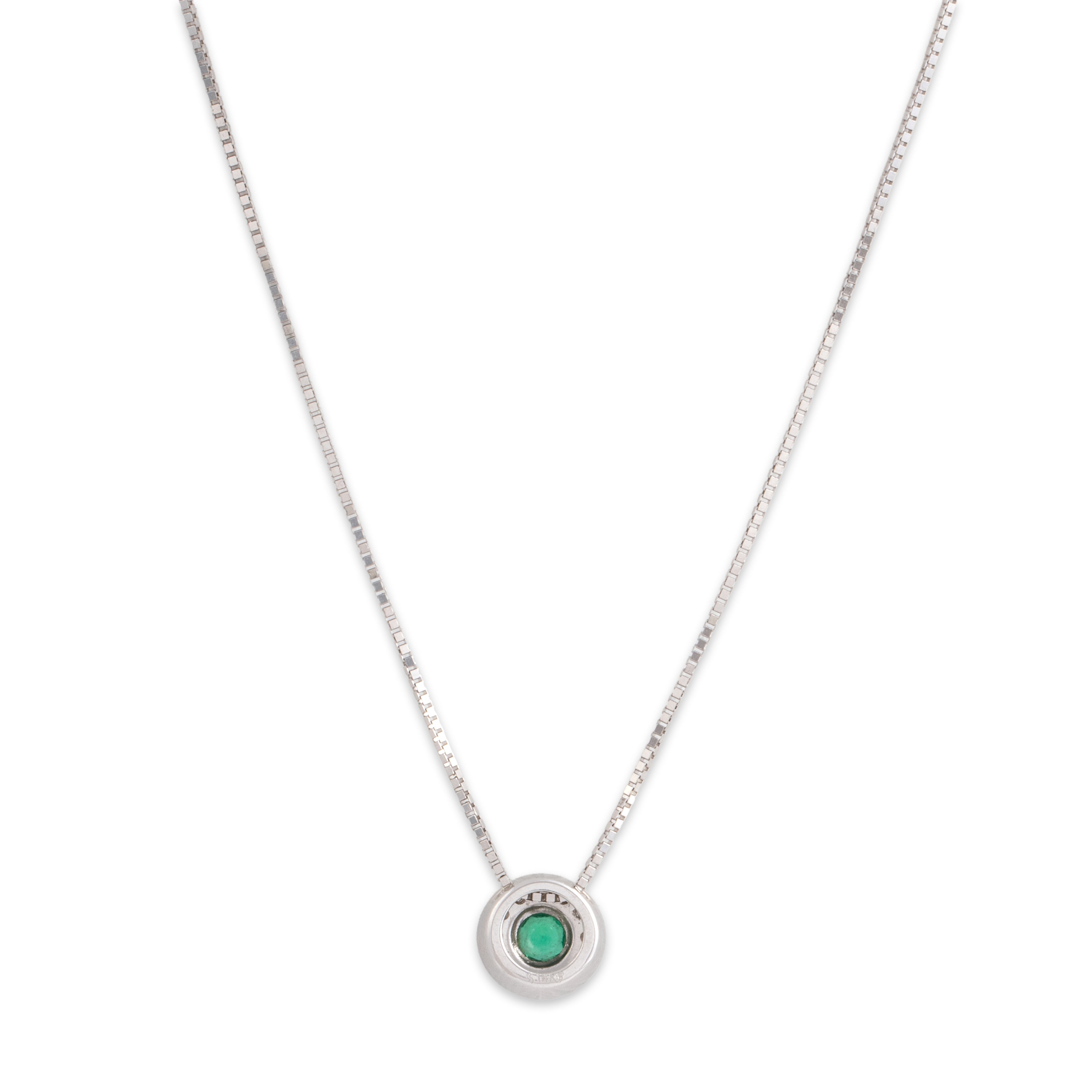 Estate 14k White Gold Emerald Diamond Sophisticated Bezel Halo Slide Necklace - Back view