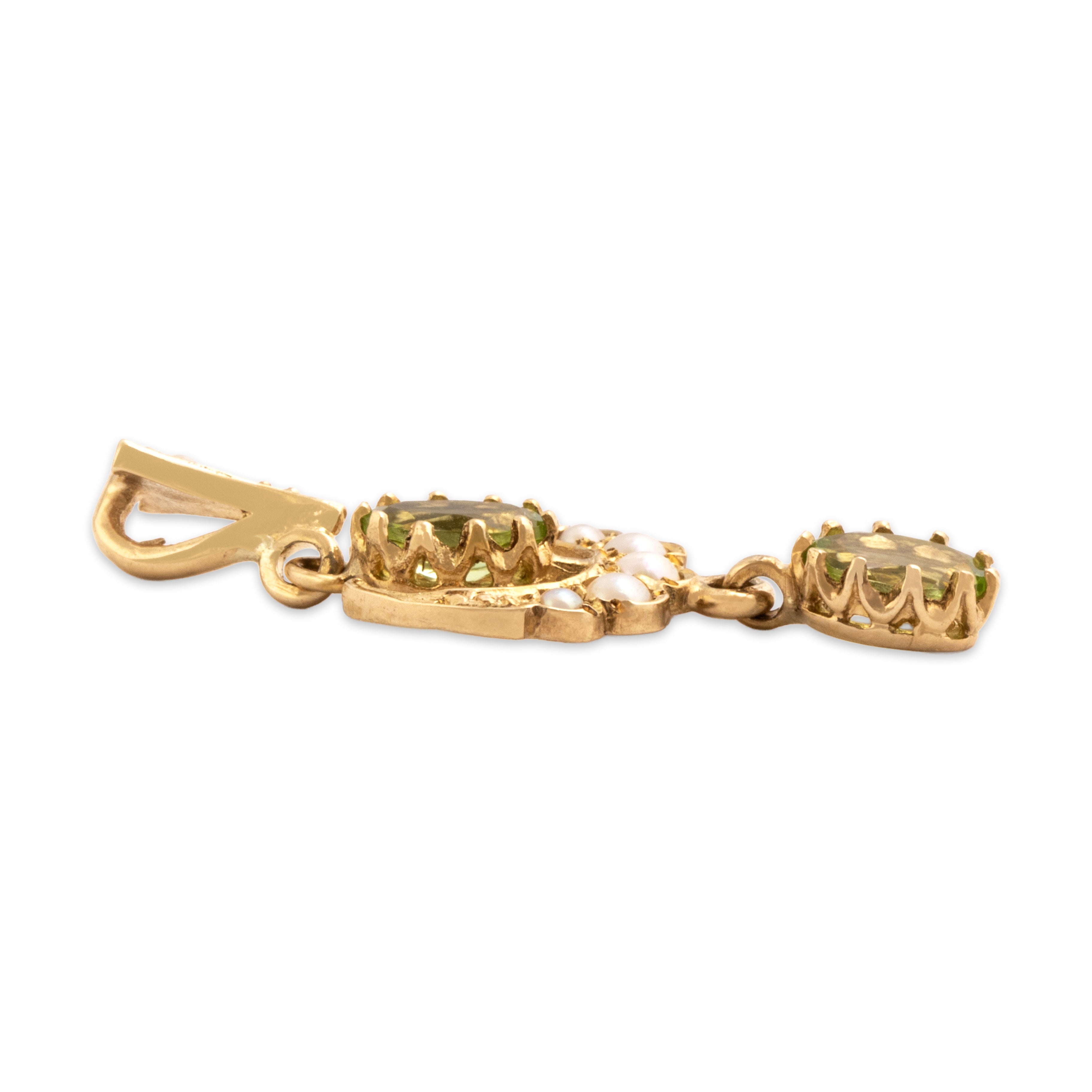 Vintage English 9k Yellow Gold .76cttw Peridot Pearl Wonderful Crescent Duo Dangle Pendant - Side view