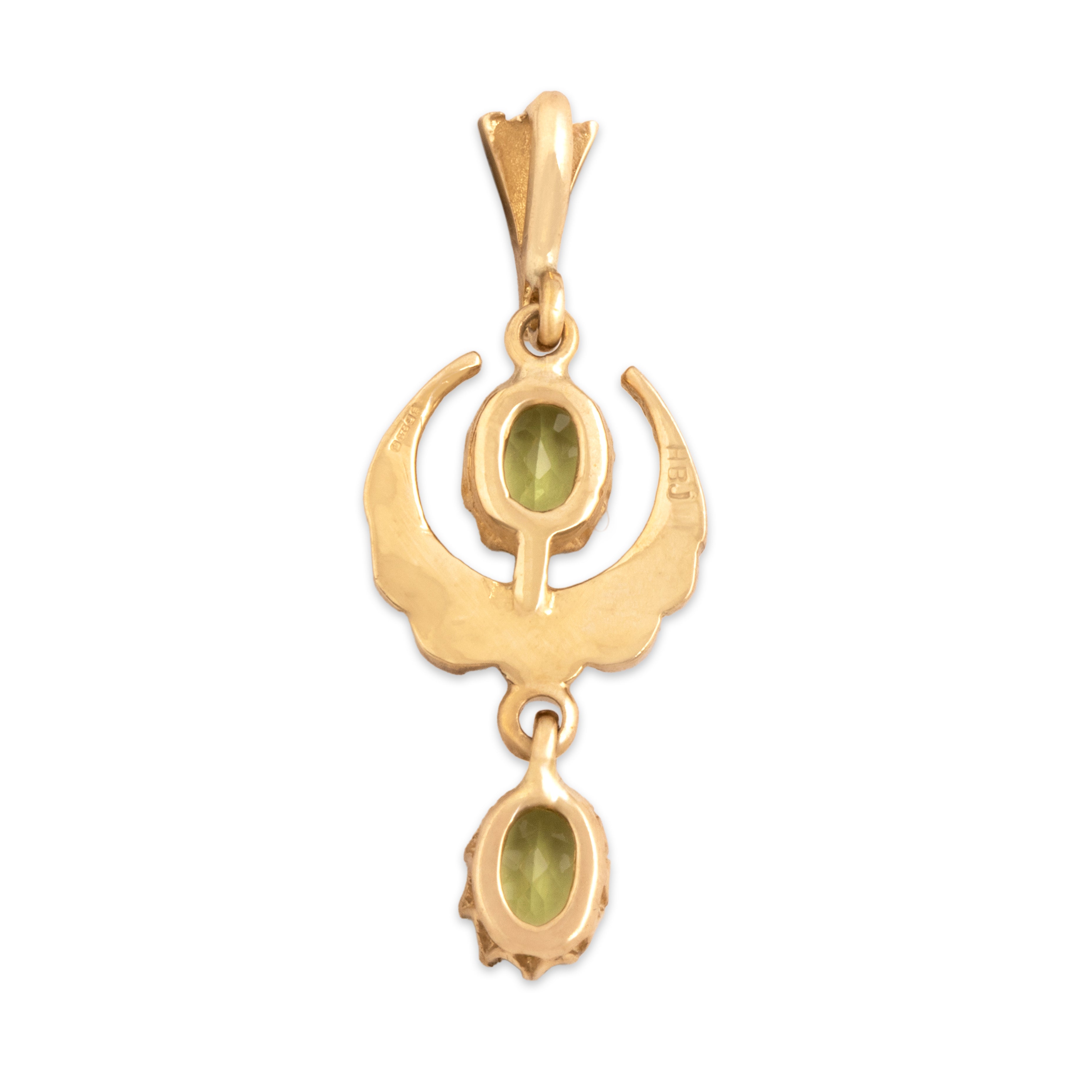 Vintage English 9k Yellow Gold .76cttw Peridot Pearl Wonderful Crescent Duo Dangle Pendant - Back view