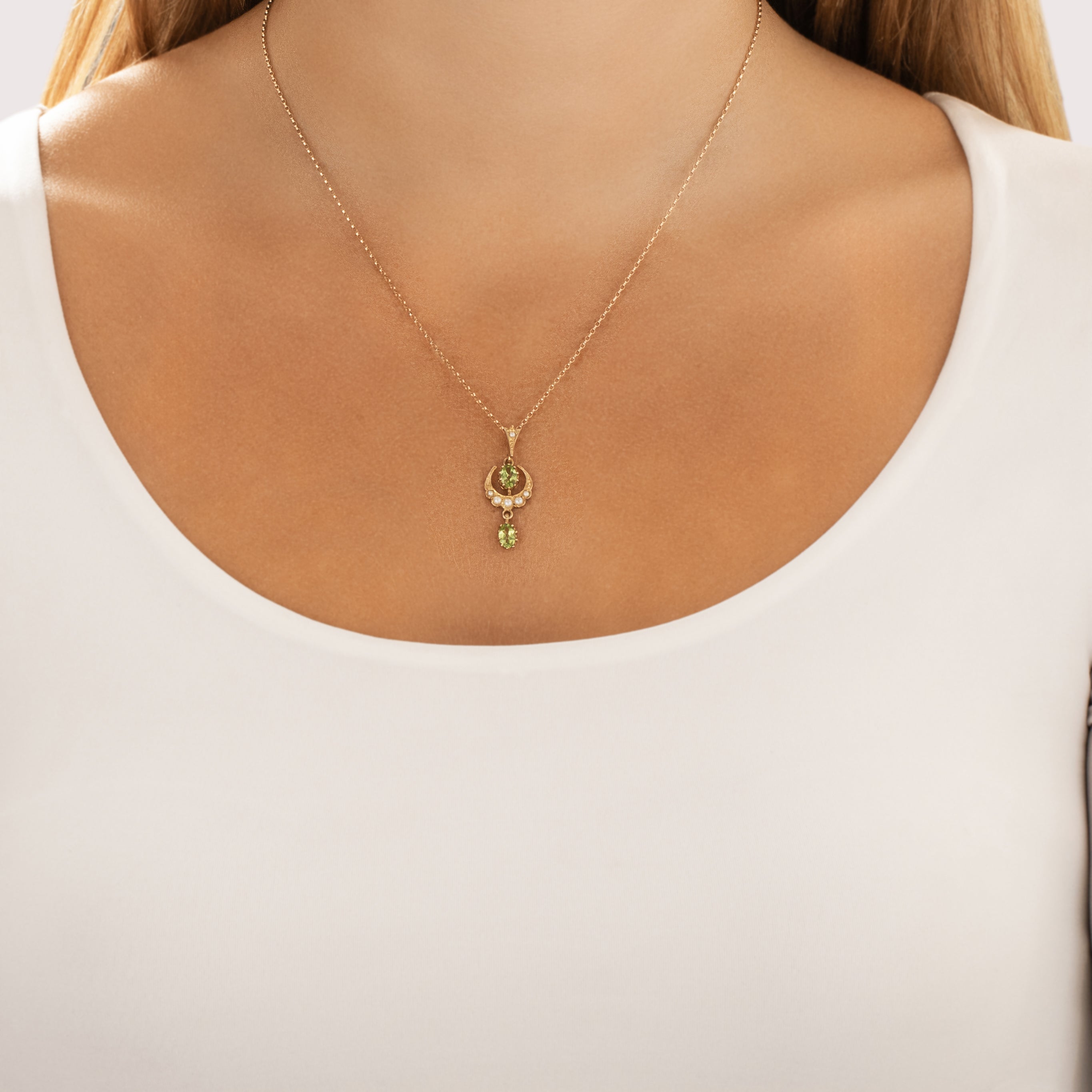 Vintage English 9k Yellow Gold .76cttw Peridot Pearl Wonderful Crescent Duo Dangle Pendant - On model view