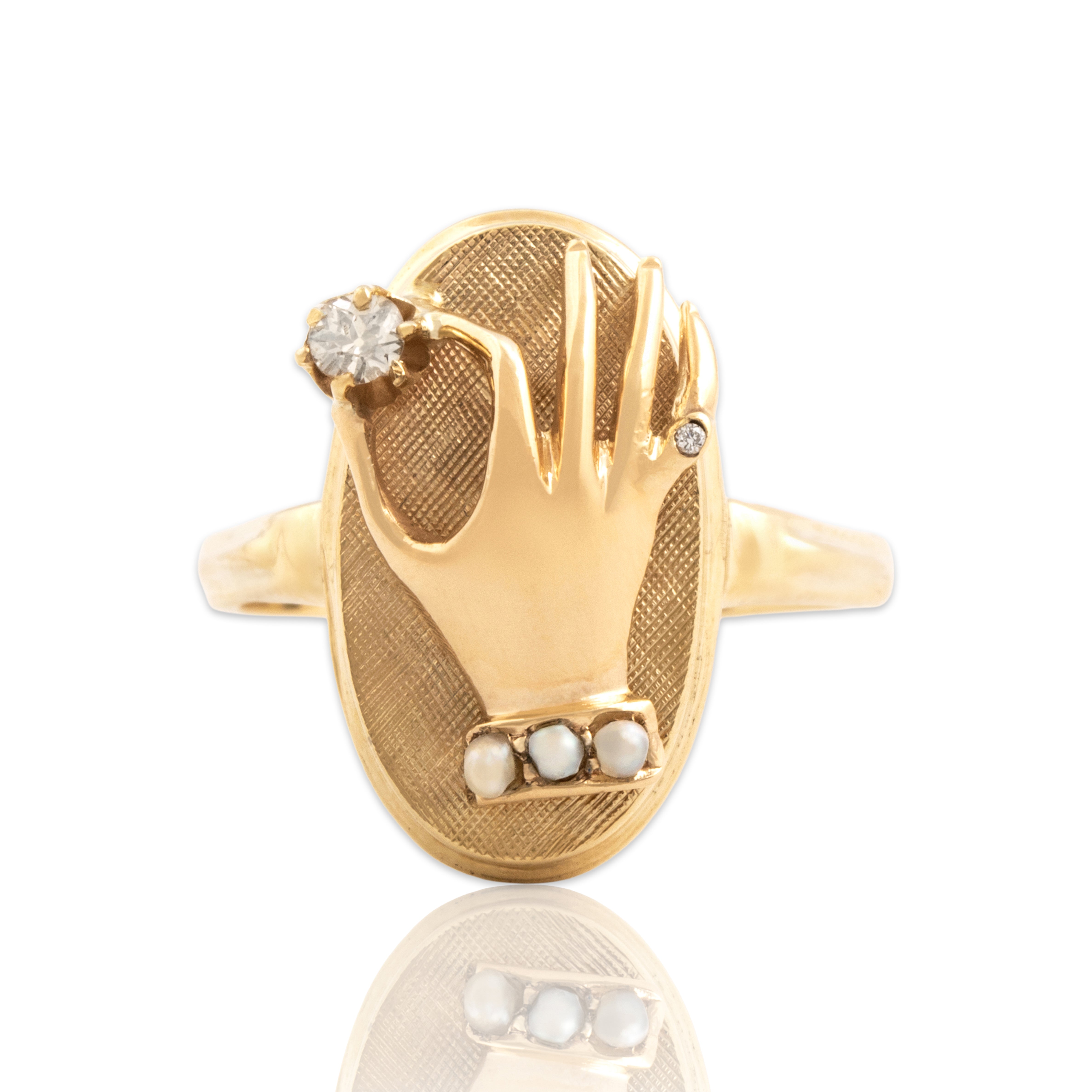 Vintage 10k Yellow Gold Old Mine Cut Diamond Pearl Grasping Hand Ring 6.75