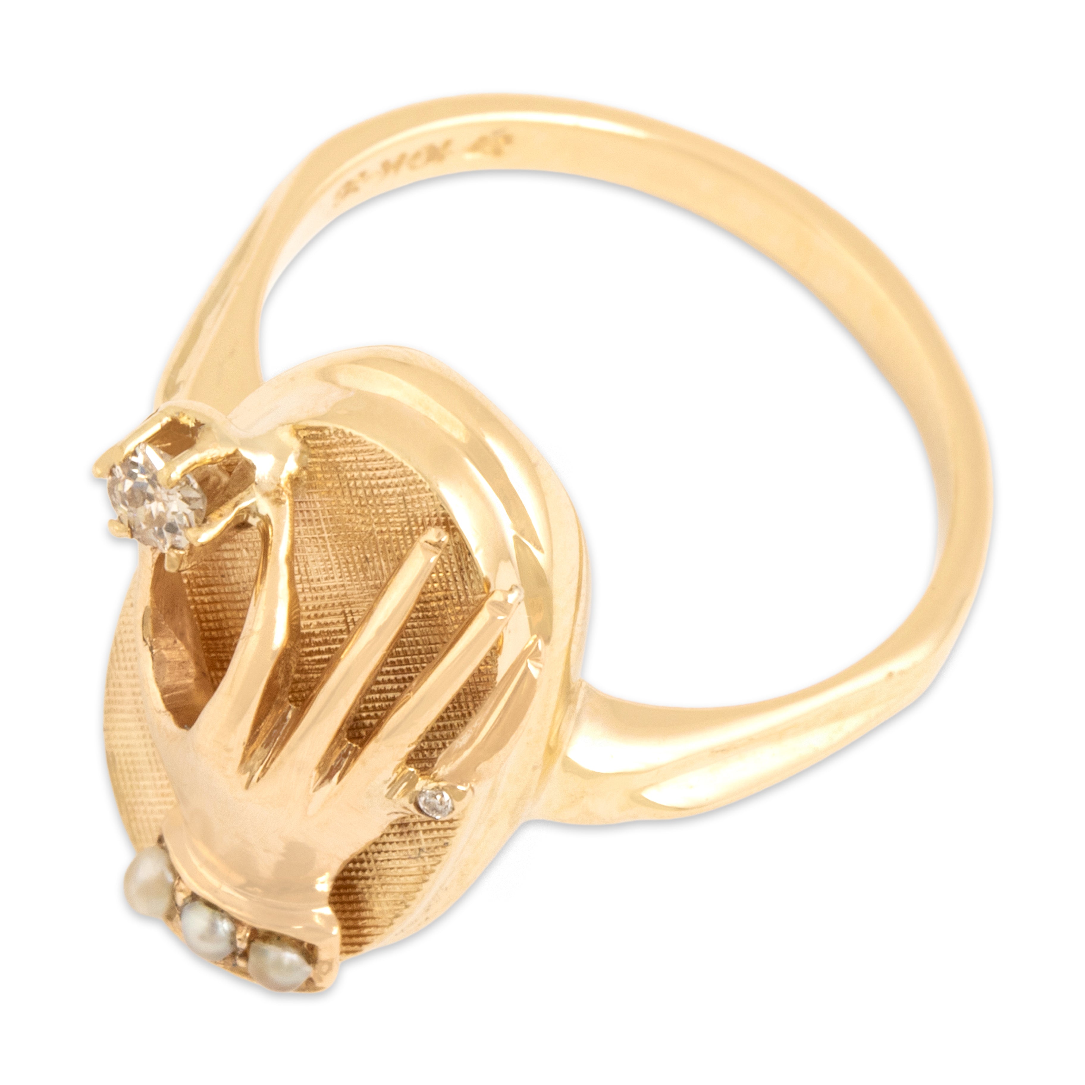 Vintage 10k Yellow Gold Old Mine Cut Diamond Pearl Mysterious Grasping Hand Ring - Overall view