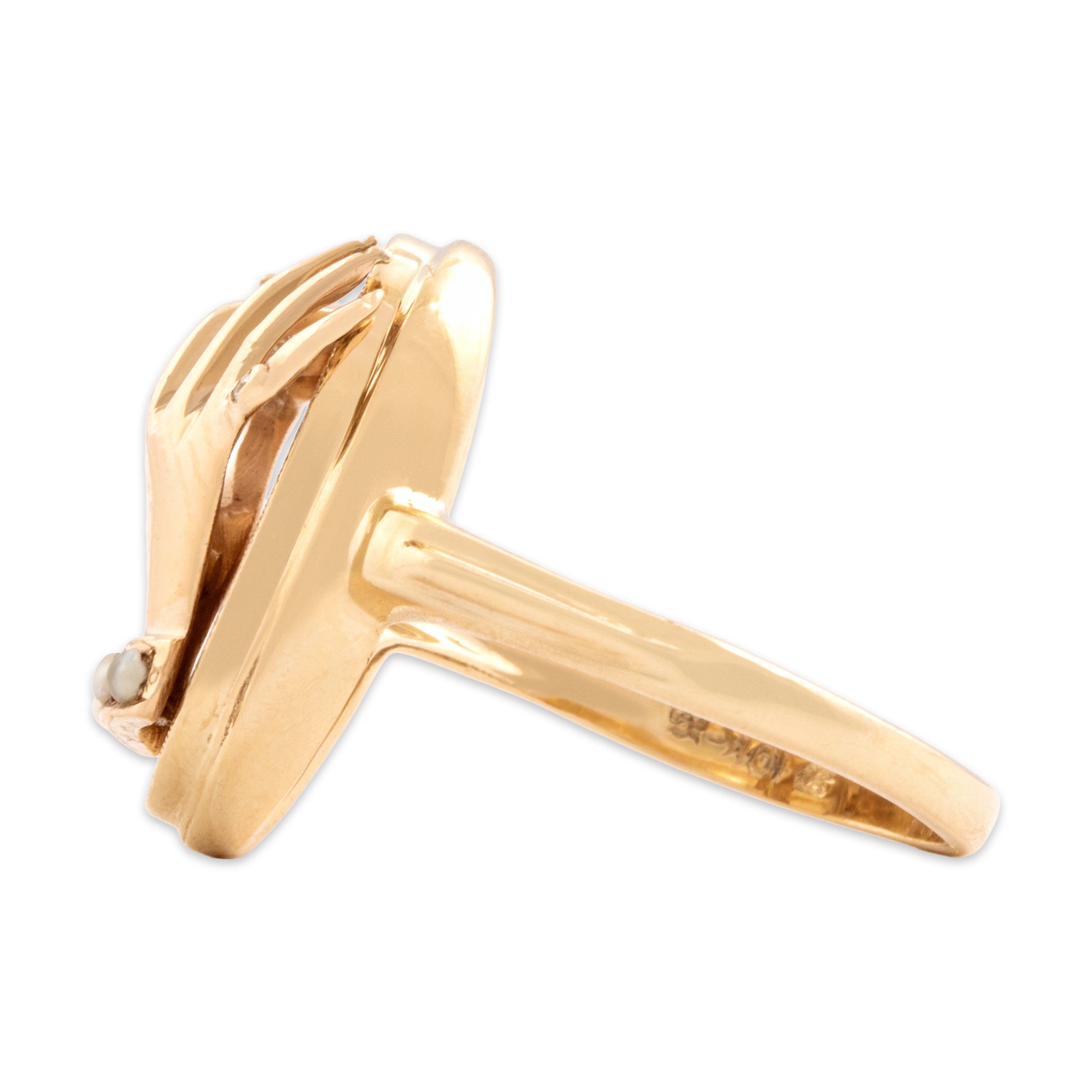Vintage 10k Yellow Gold Old Mine Cut Diamond Pearl Mysterious Grasping Hand Ring - Side view
