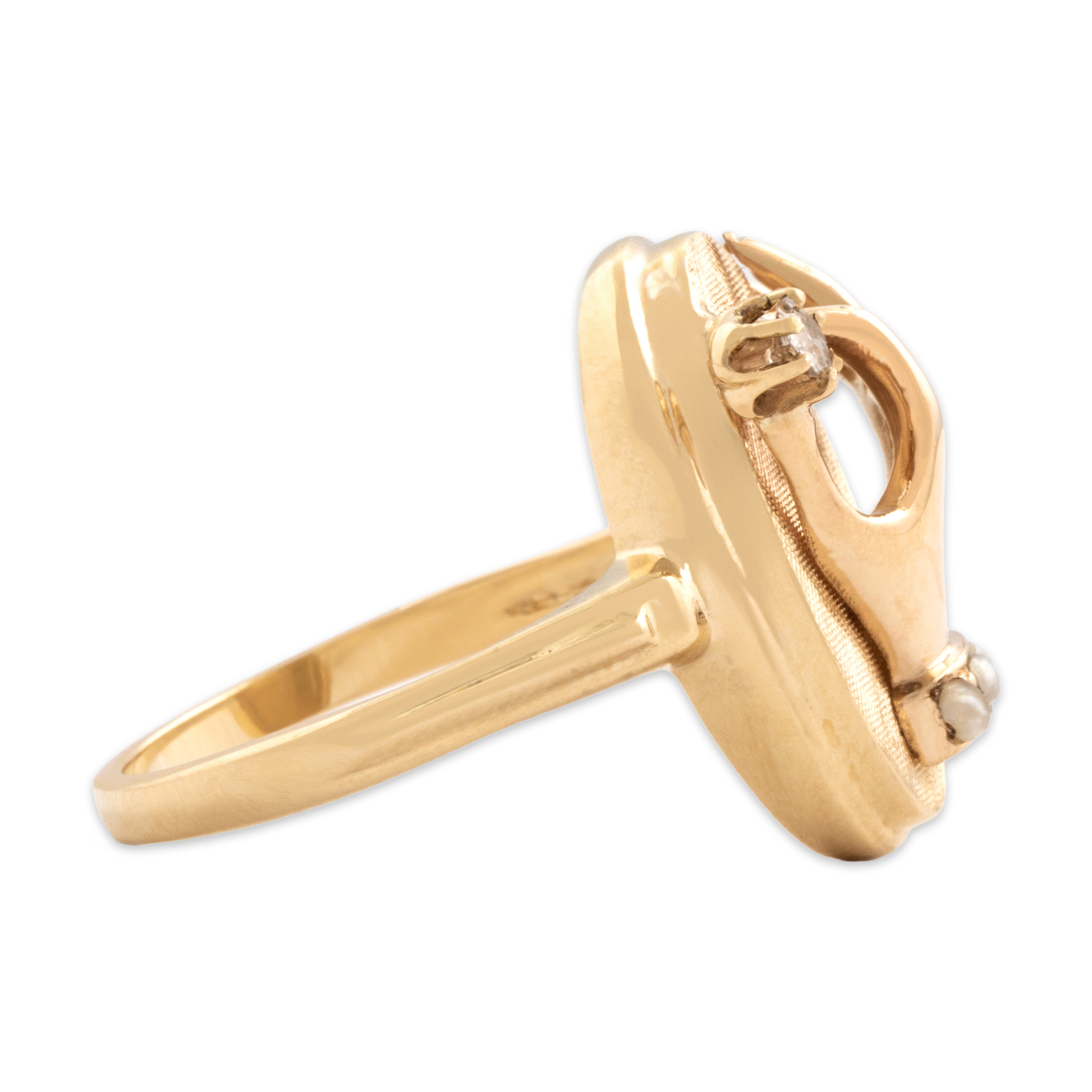 Vintage 10k Yellow Gold Old Mine Cut Diamond Pearl Mysterious Grasping Hand Ring - Side view