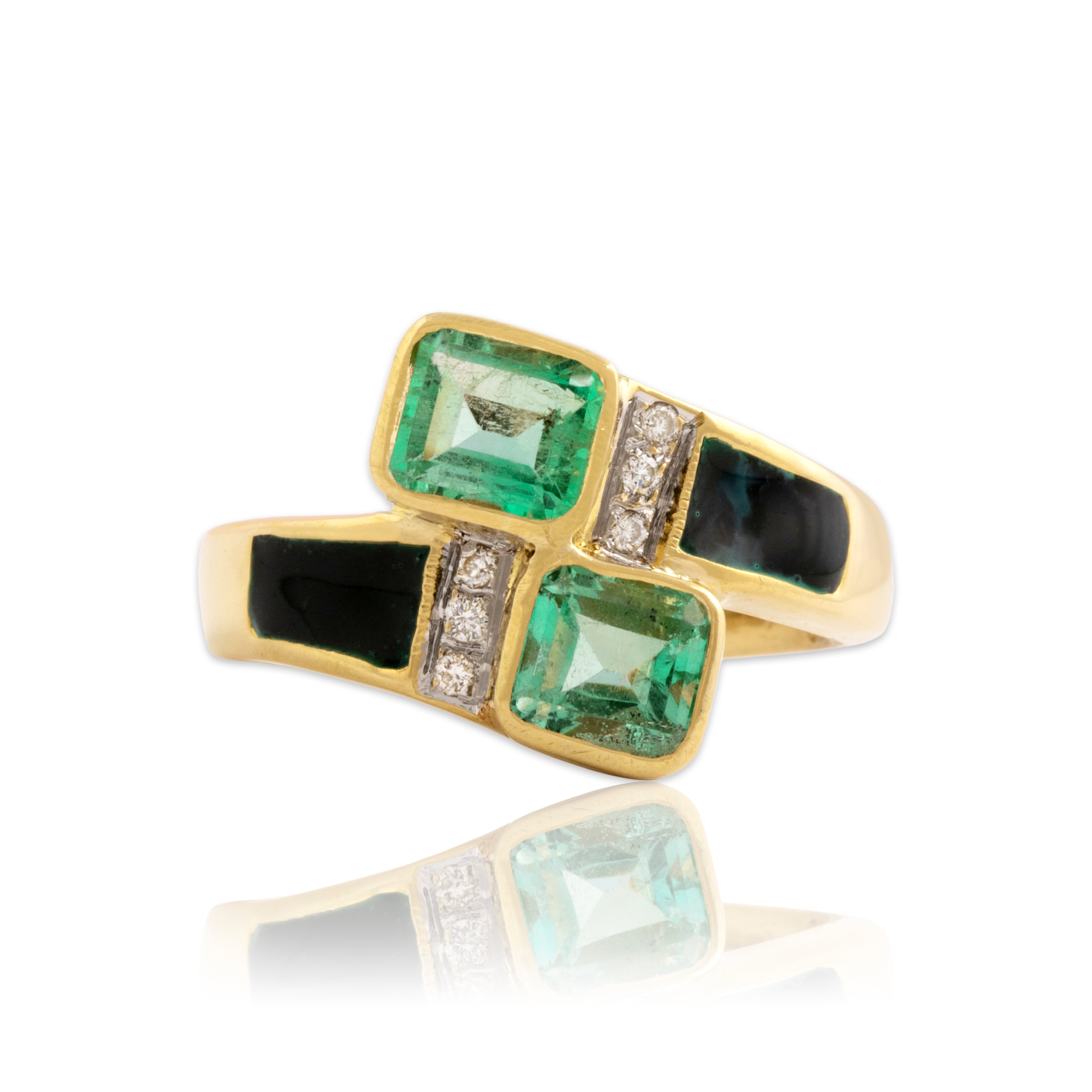 Vintage 18k Yellow Gold 1.54cttw Emerald Diamond Green Enamel Bypass Ring 6.75