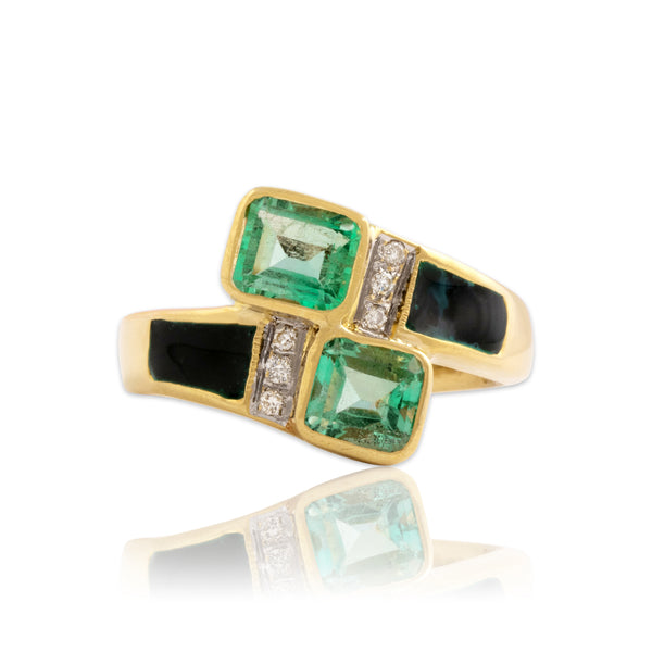 Vintage 18k Yellow Gold 1.54cttw Emerald Diamond Green Enamel Bypass Ring 6.75