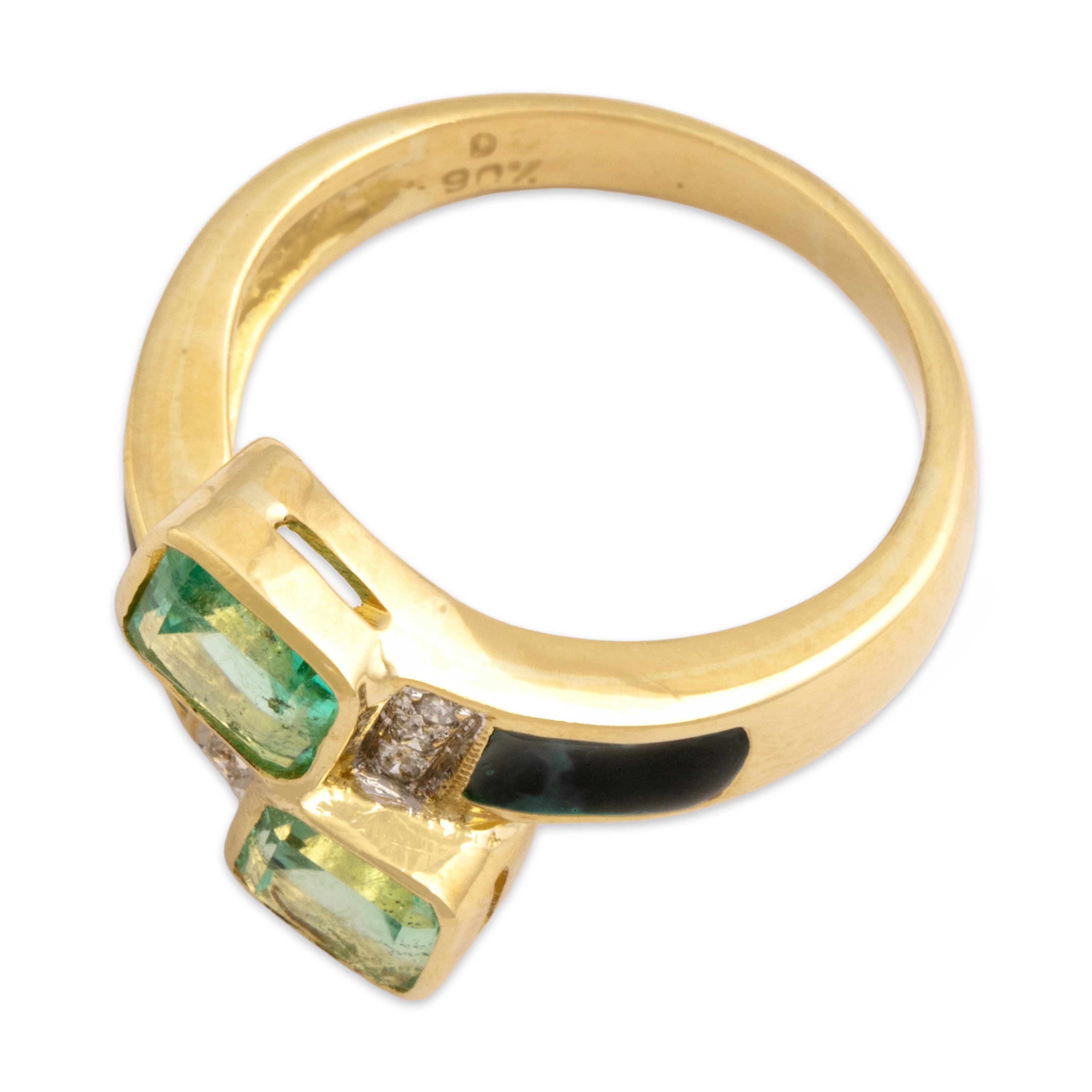 Vintage 18k Yellow Gold 1.54cttw Emerald Diamond Enamel Bypass Ring - Overall view