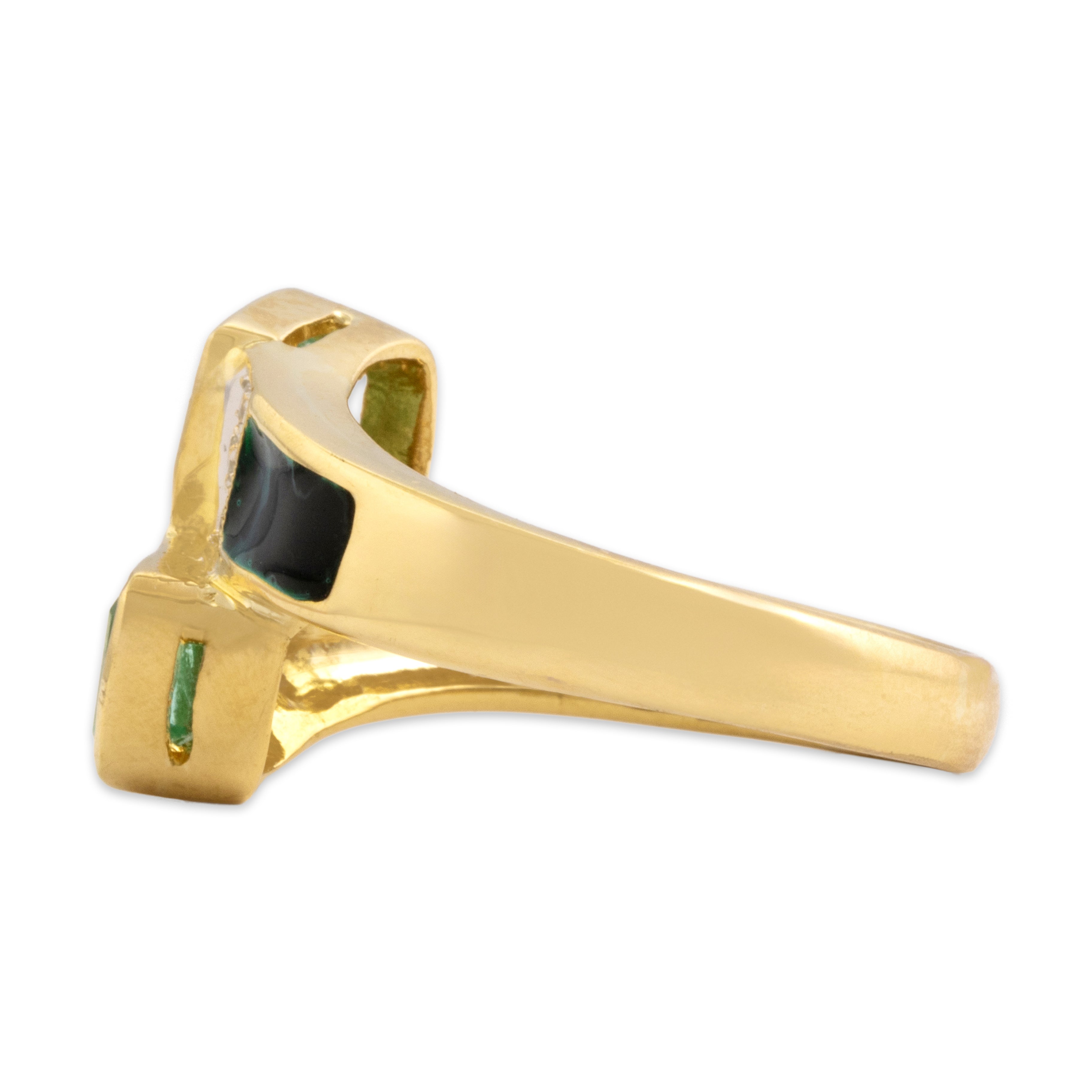 Vintage 18k Yellow Gold 1.54cttw Emerald Diamond Enamel Bypass Ring - Side view