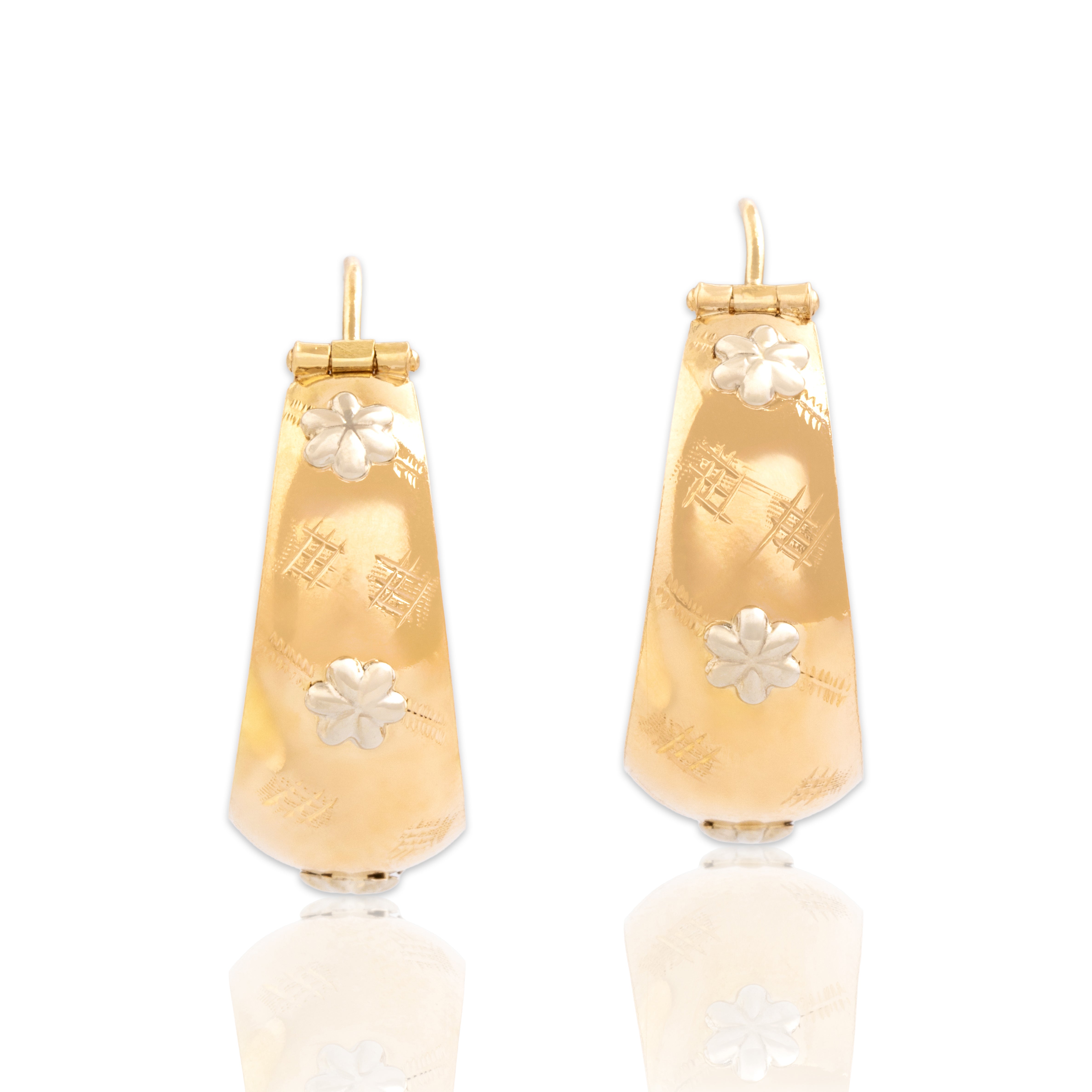 Vintage Italian 18k Yellow & White Gold Floral Adorned Textured Hoop Earrings