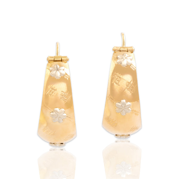 Vintage Italian 18k Yellow & White Gold Floral Adorned Textured Hoop Earrings