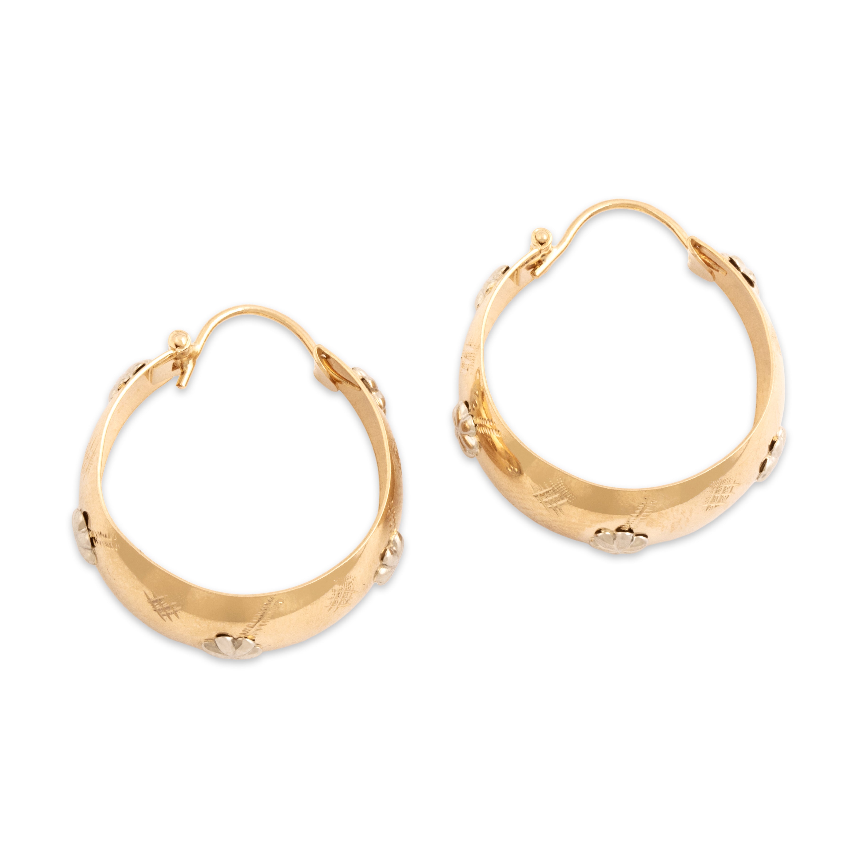 Vintage Italian 18k Yellow & White Gold Floral Adorned Textured Hoop Earrings - Overall view