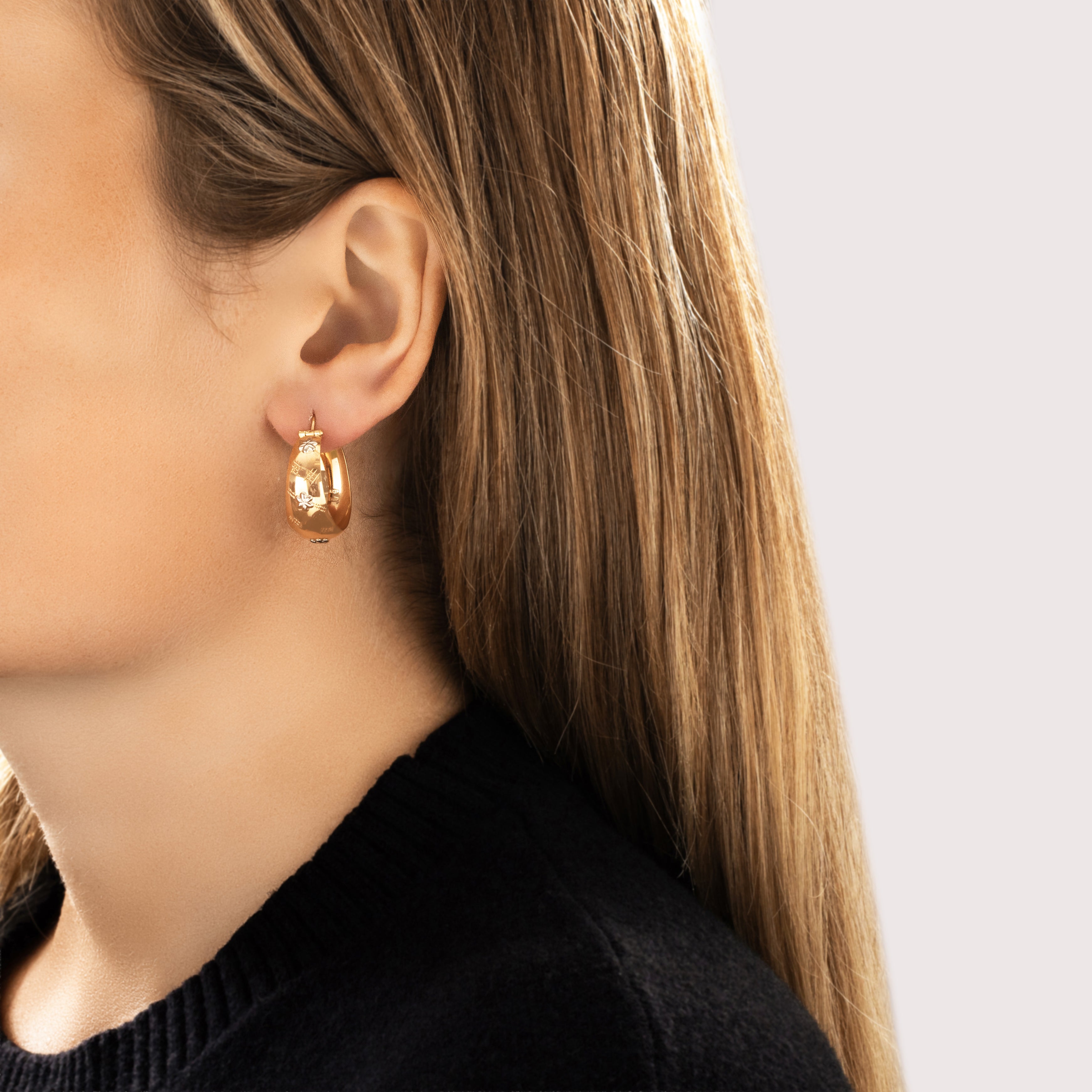 Vintage Italian 18k Yellow & White Gold Floral Adorned Textured Hoop Earrings - On model view