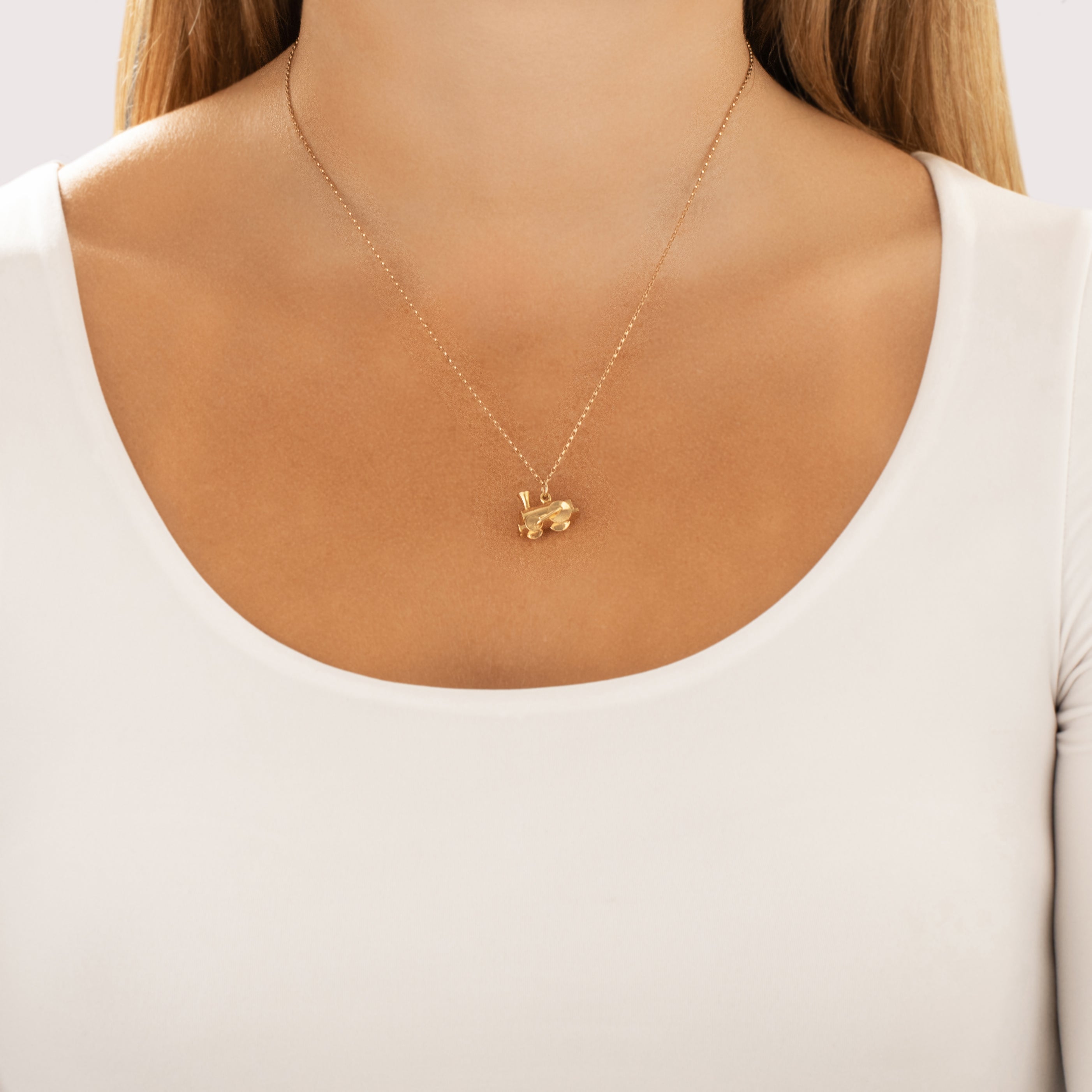 Vintage Small 18k Yellow Gold Chugging Steam Train Charm / Pendant - On model view