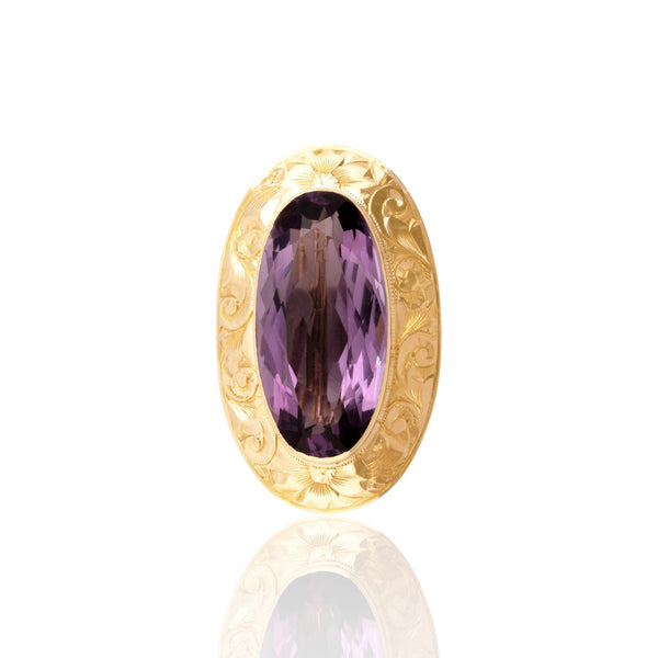 Antique Art Nouveau 14k Yellow Gold 7.46ct Amethyst Engraved Border Brooch / Pin