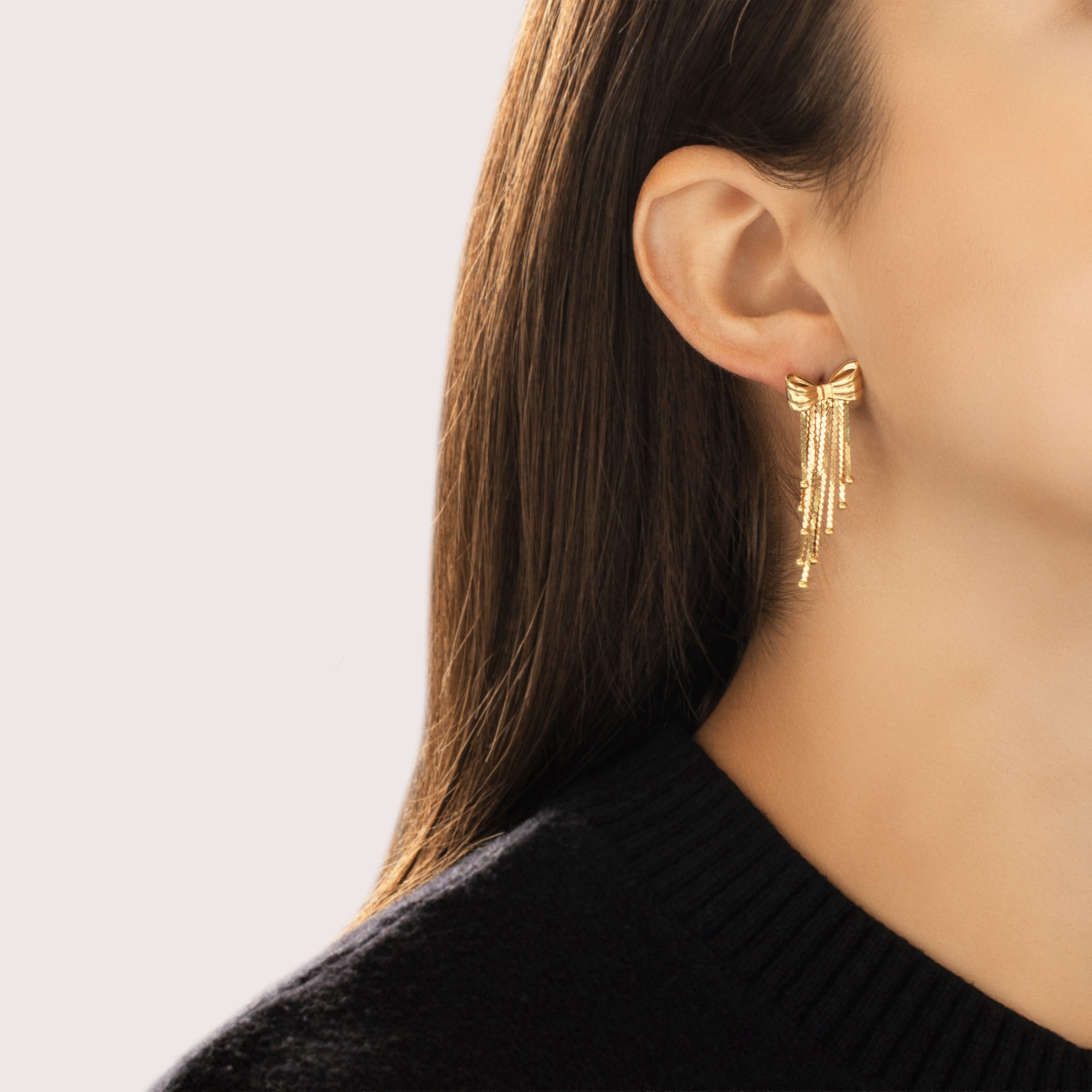 Vintage Italian 18k Yellow Gold Playful Bow Fringe Dangle Earrings - On model view