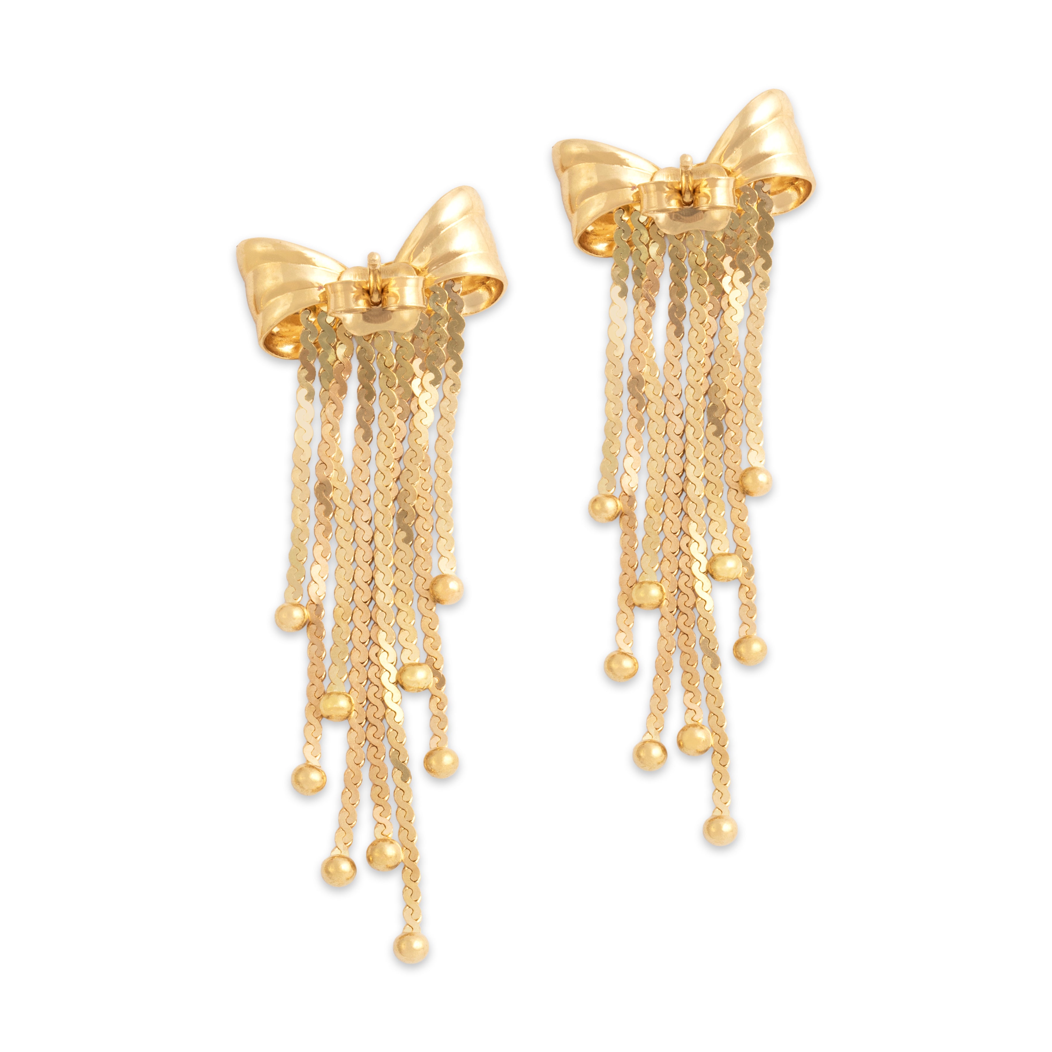 Vintage Italian 18k Yellow Gold Playful Bow Fringe Dangle Earrings - Back view
