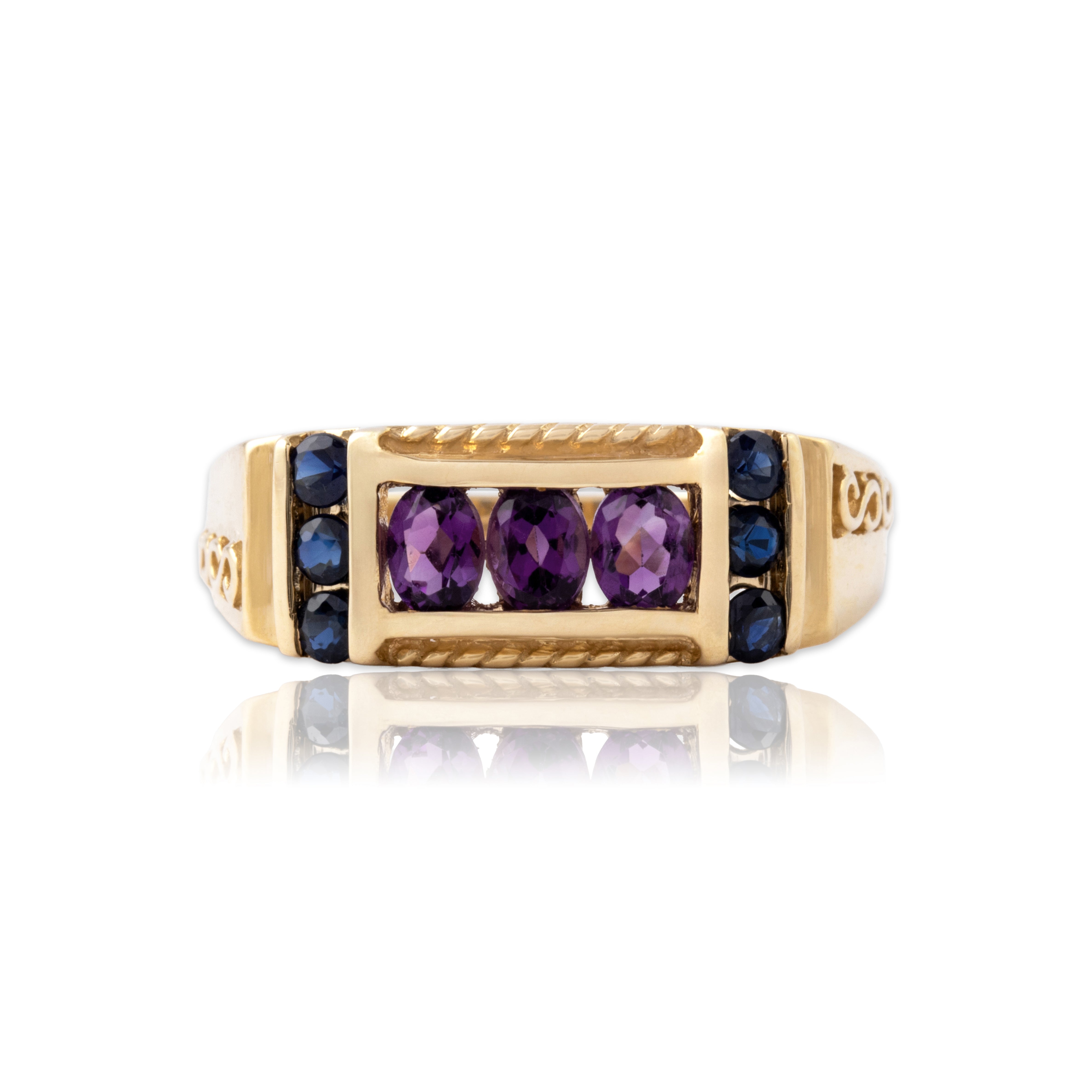 Vintage 14k Yellow Gold Amethyst Blue Sapphire Bold Openwork Channel Ring 8.00