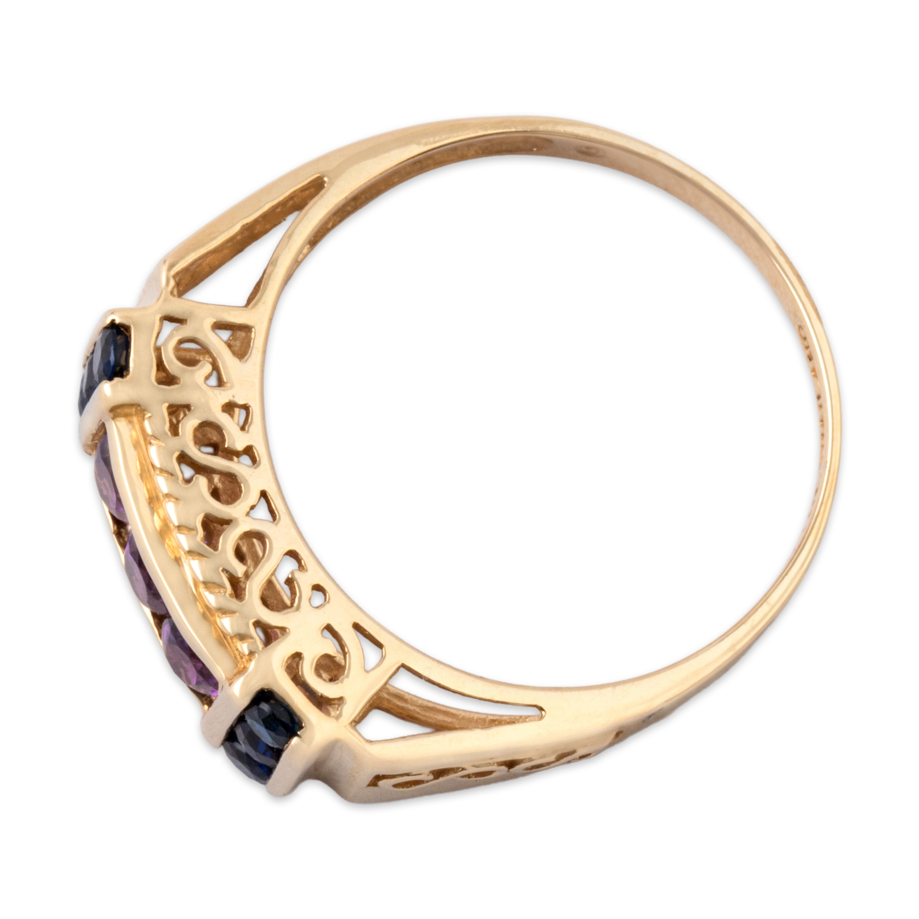Vintage 14k Yellow Gold Amethyst Blue Sapphire Bold Openwork Channel Bar Ring - Overall view