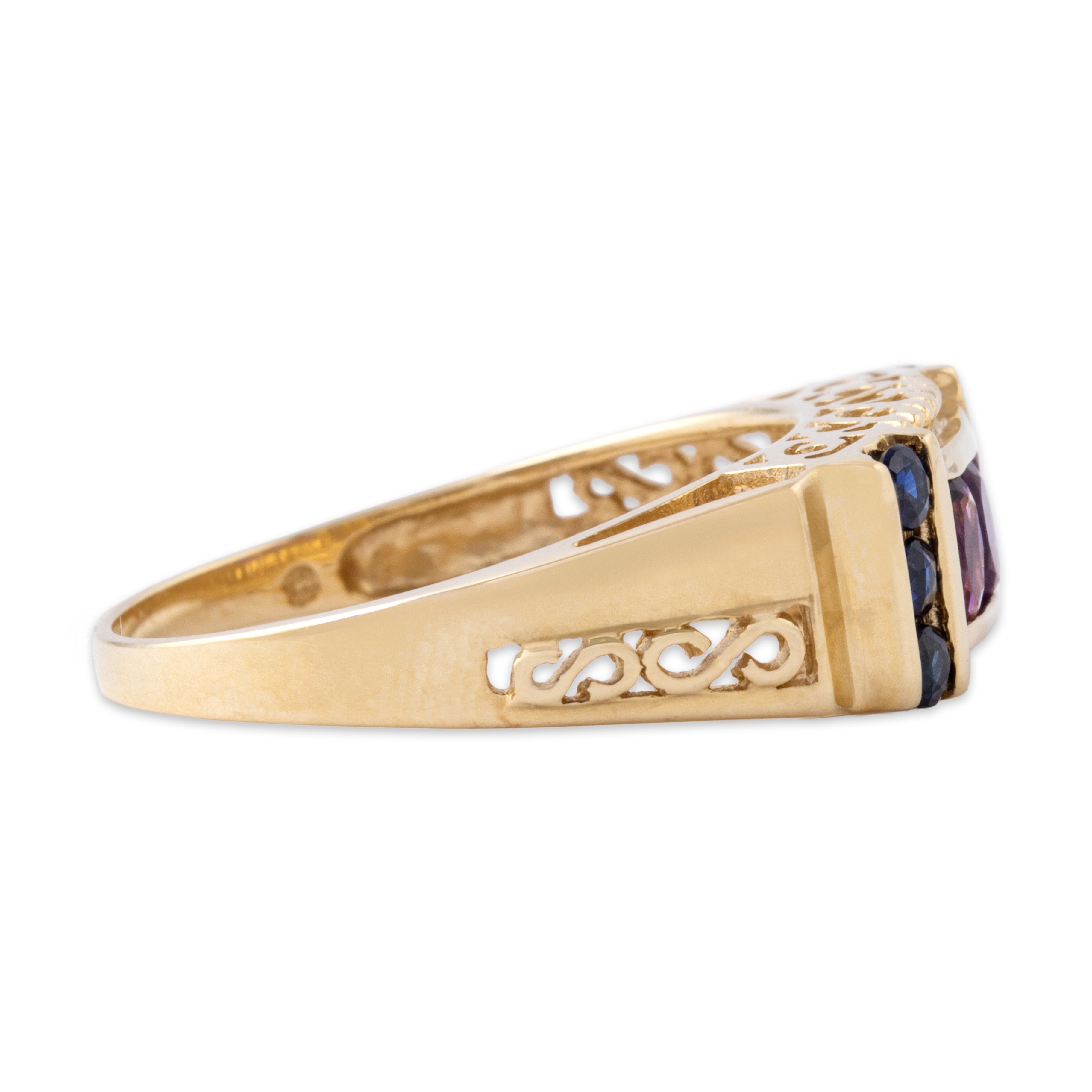 Vintage 14k Yellow Gold Amethyst Blue Sapphire Bold Openwork Channel Bar Ring - Side view