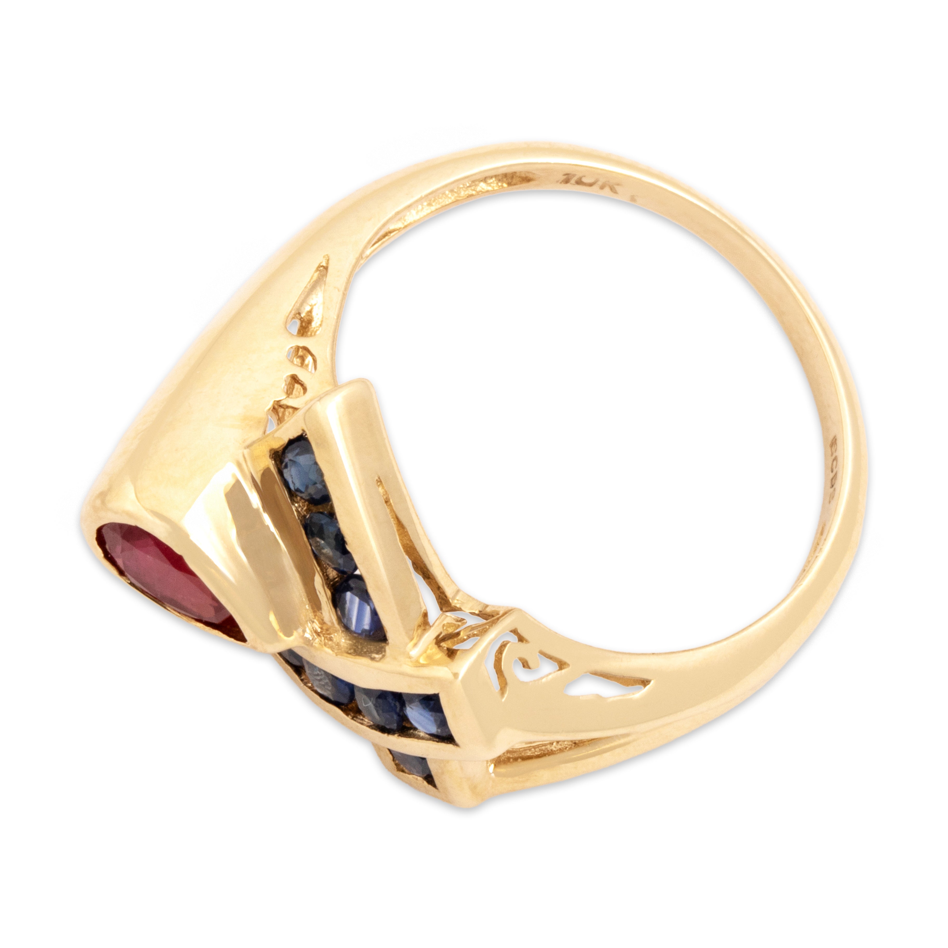 Vintage 10k Yellow Gold .51ct Ruby Blue Sapphire Crossover Bezel Accent Ring - Overall view